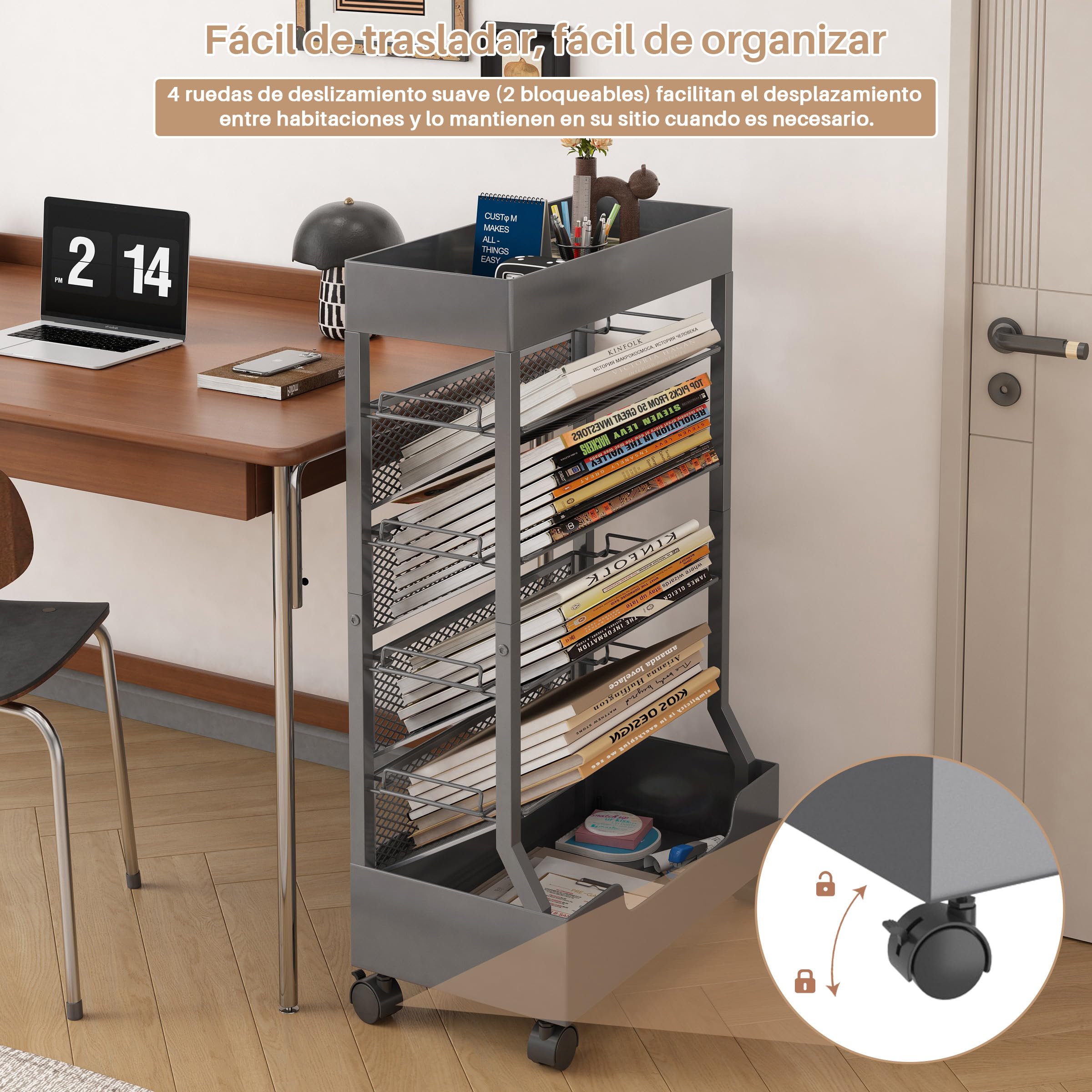 Estantería Móvil con Rueda, Organizador de Escritorio | 6 Niveles, Metal, Carrito Almacenamiento para Libros, Revistas, Gran Capacidad, Estantería de Oficina, Gris