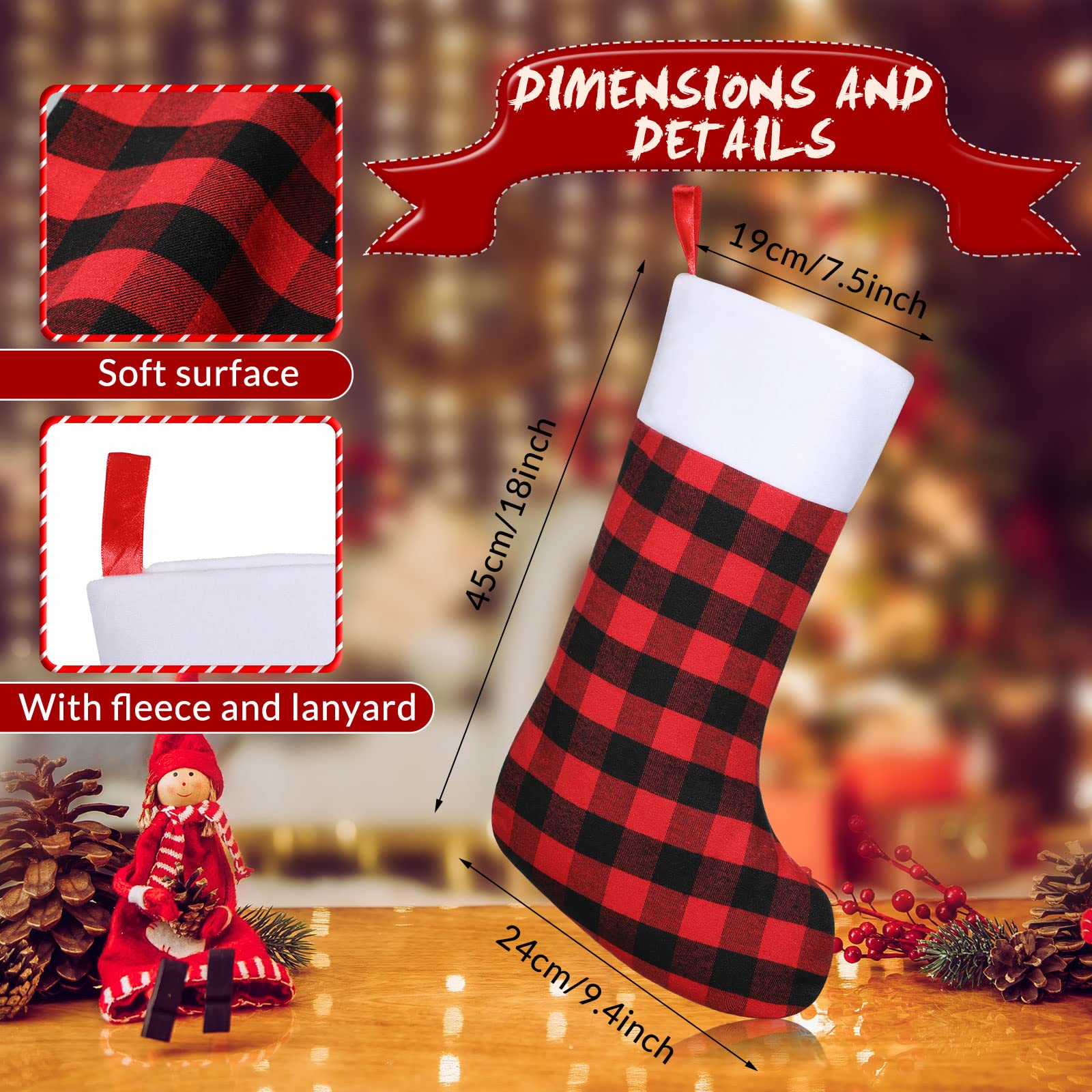 Lot de 50 chaussettes de Noël classiques à carreaux de 45,7 cm avec revers en peluche - Décorations pour la famille, les vacances, la décoration de fête de Noël (rouge et noir)
