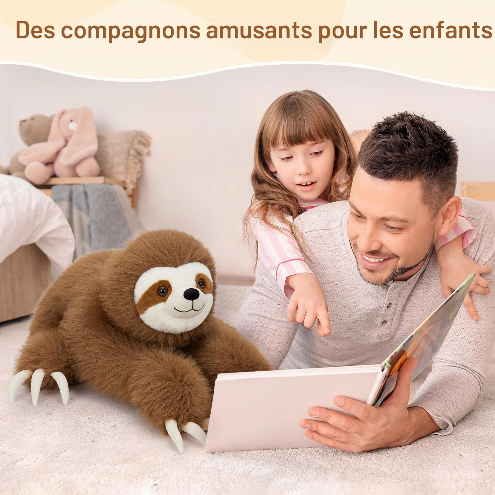 MaoGoLan Peluche Paresseux 70cm - Grand Paresseux Couché avec Pattes à Boutons Pression, Doudou Coussin Moelleux, Cadeau Anniversaire et Noël pour Enfants