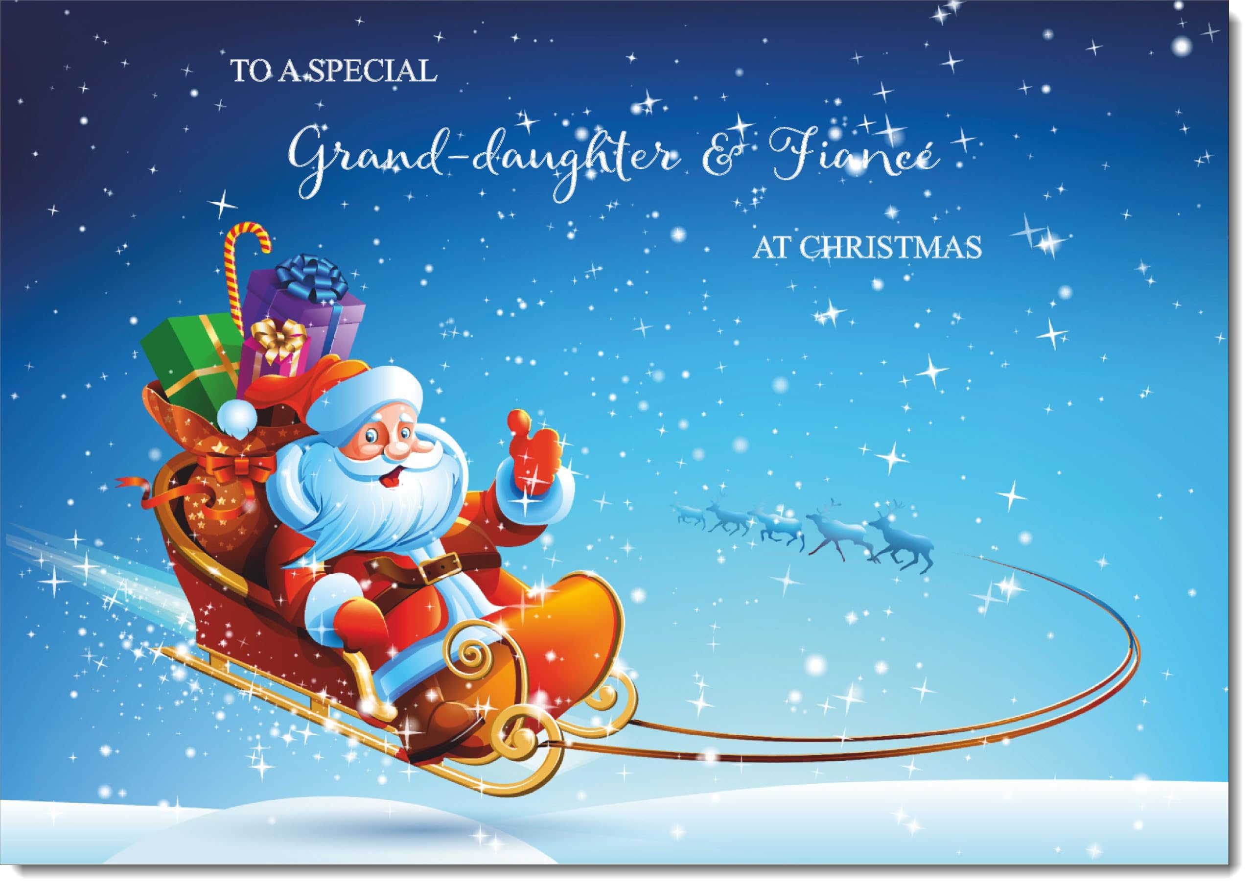 doodlecards Granddaughter and Fiance Christmas Card Santas Sleigh Large A4 Size Christmas Card for Granddaughter & Fiance with Plain Envelope — image 1