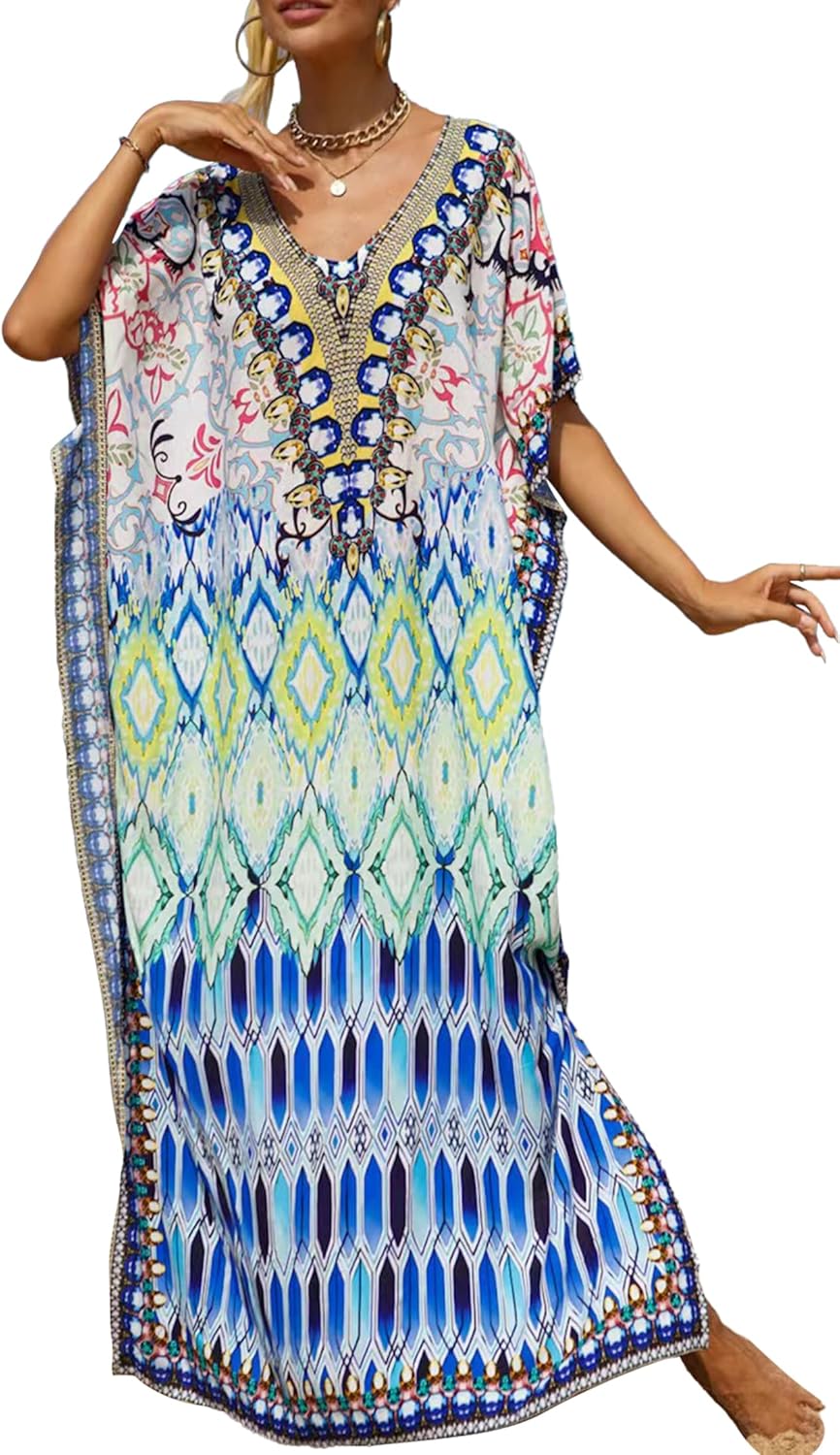 Women's V-Neck Batwing Sleeve Kaftan Dress Lightweight Beach Swimwear Cover Up for Mumu Tropical Vacation