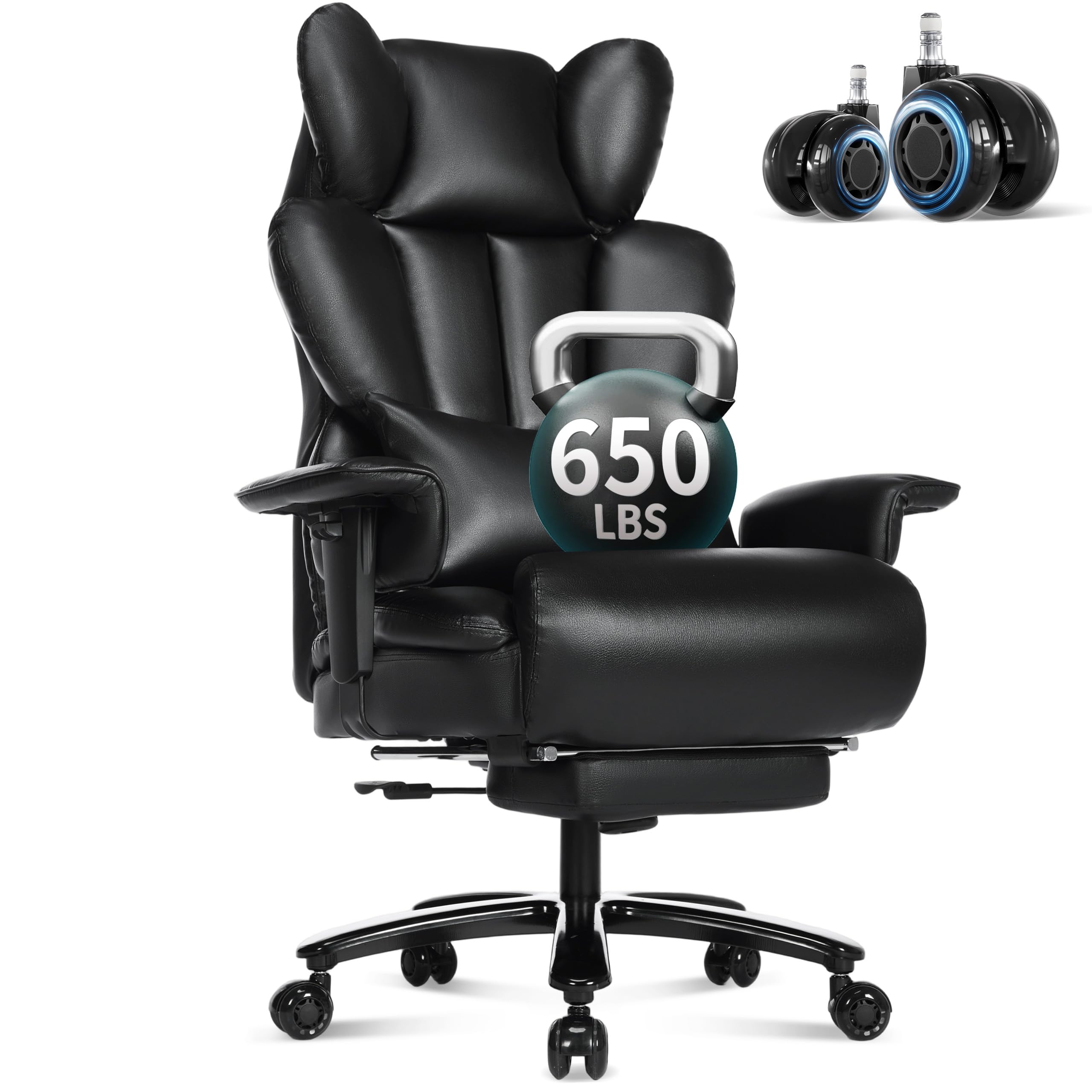 650LBS Big and Tall Office Chair with Footrest,Large Heavy Duty Executive Office Chair-Wide Seat,Adjustable Lumbar Support,Dual Rubber Wheels,