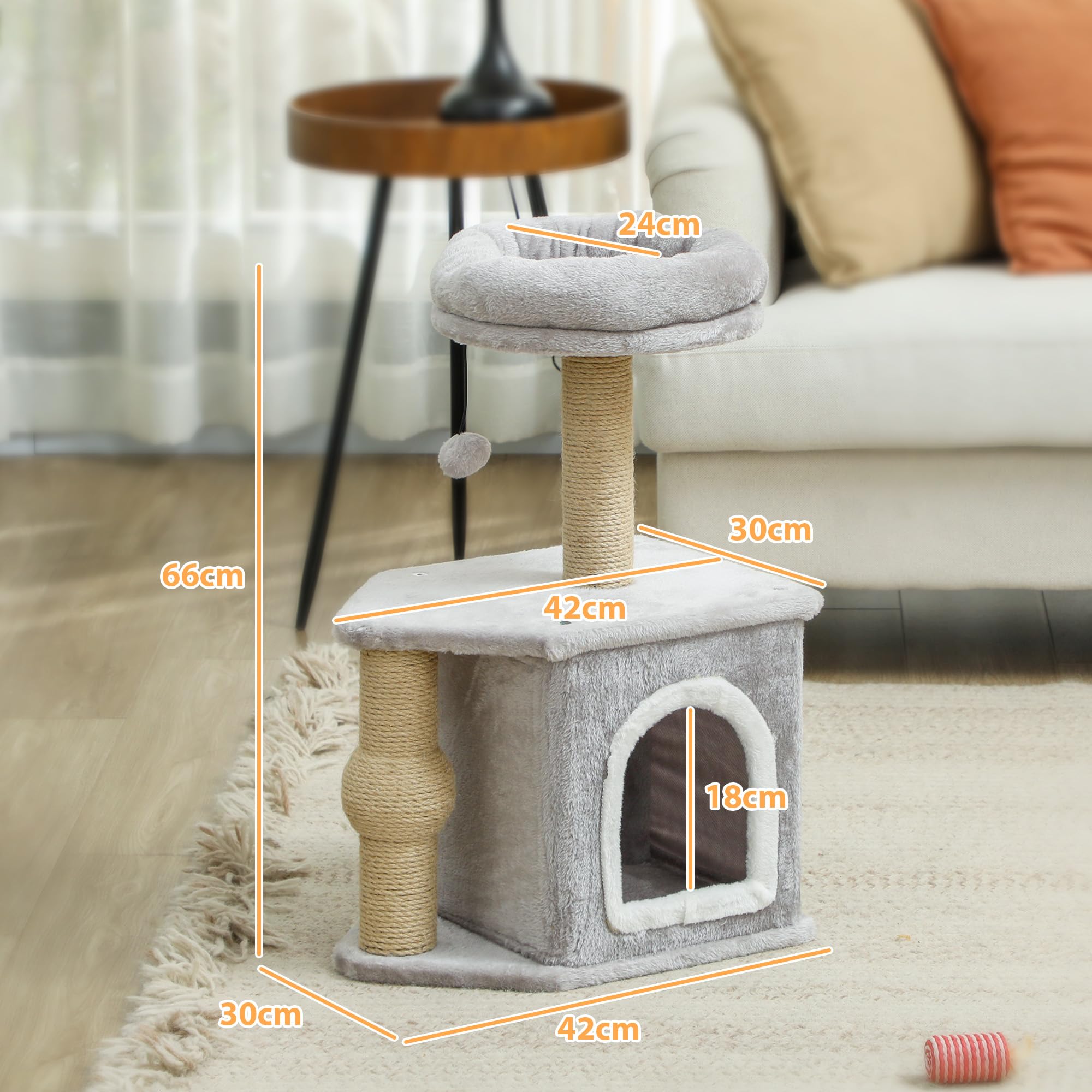 PawHut Arbre à Chat, Tour de Jeux pour Chats, Hauteur de 66 cm, avec poteaux à griffer en Jute, lit Maison pour Chat, Plateforme, Balle de Jeu, Gris Clair
