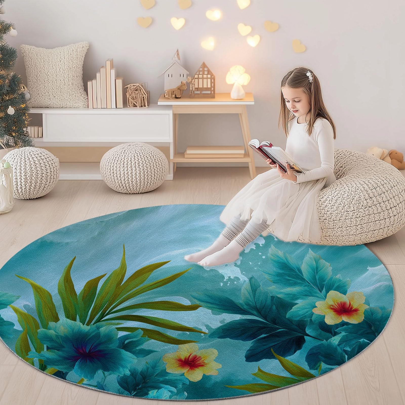 Tapis Rond Motif Feuilles Et Fleurs Tropicales Vagues De L'Océan Lavable en Machine Antidérapant 160 cm, Tapis Rond Aquarelle pour Chambre à Coucher Cuisine Salle de Bain Chambre d'enfant Salon