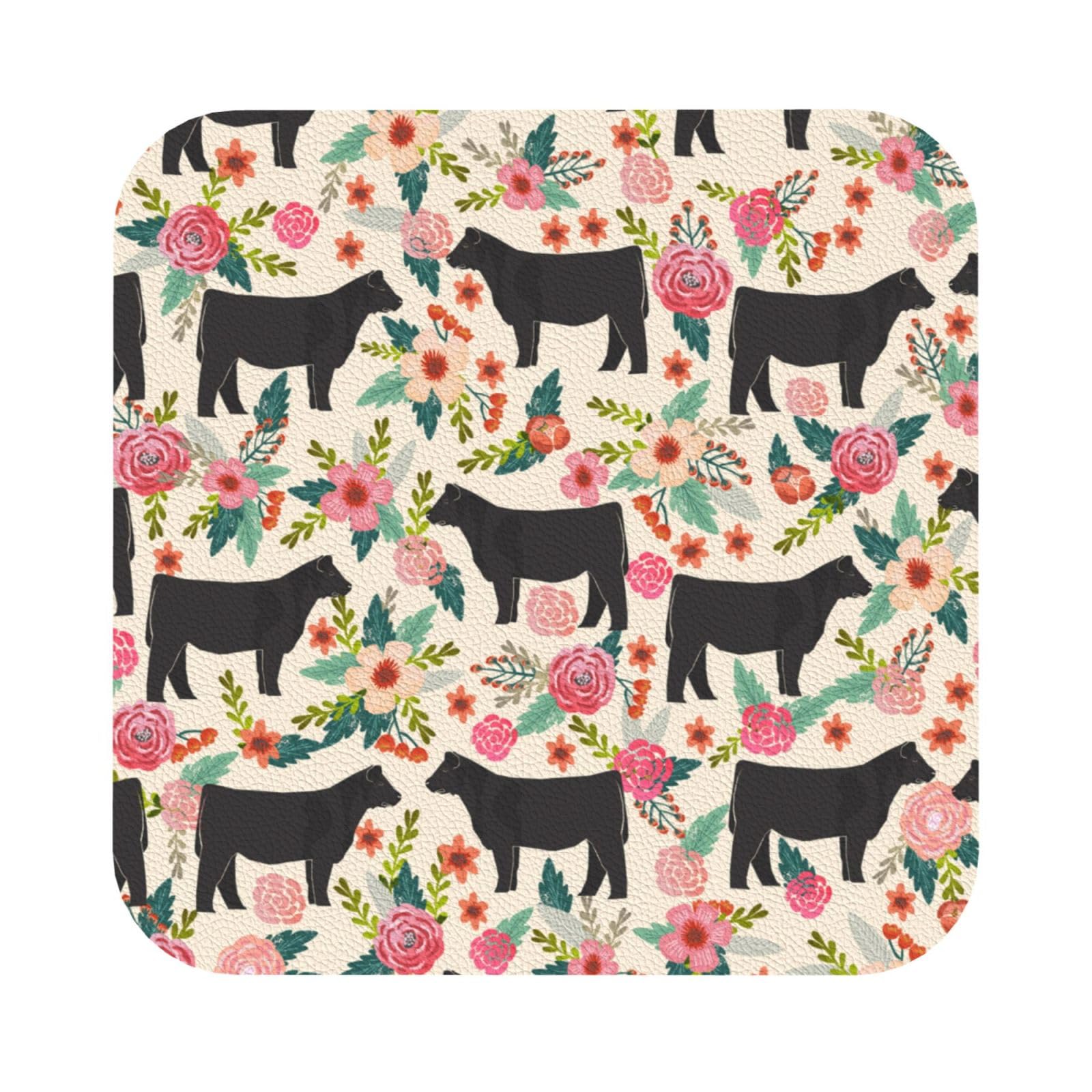 Pink Flower Show Steer Cows Cattle PU Leather Coasters Set of 6 Square Drink Coasters