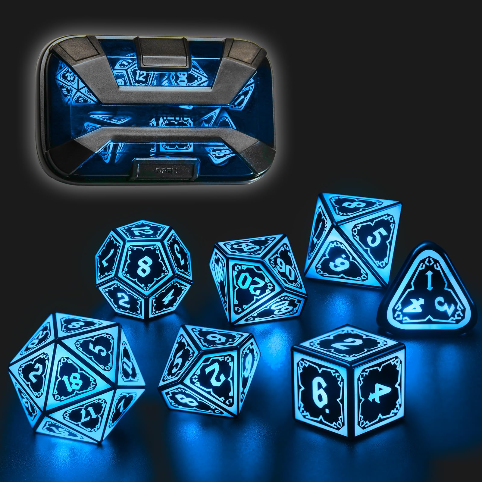 FONVGOGO Light up DND Dice Set Rechargeable,Cool LED D and D Dice 7pcs with Charging Box Polyhedral Dungeons and Dragons RPG Dice Set for Role Playing