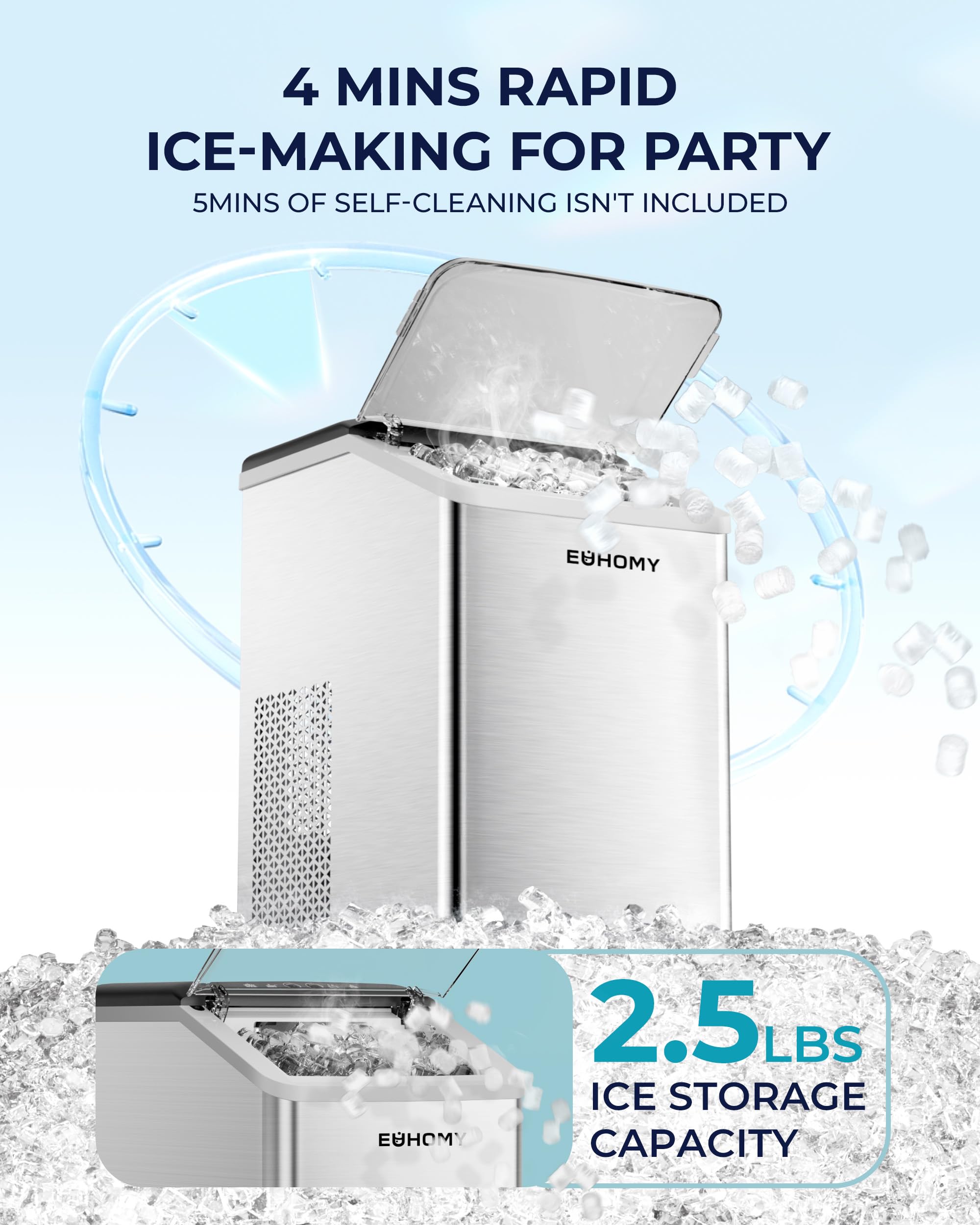 Euhomy Nugget Ice Maker Countertop, Max 40lbs/Day, Auto-Cleaning, 2qt Reservoir, Compact Sonic Ice Maker With 2.5lbs Basket And Scoop, Soft Chewable Nugget Ice For Home/Party/RV/Camping (Stainless) on Fridge.com - View 4