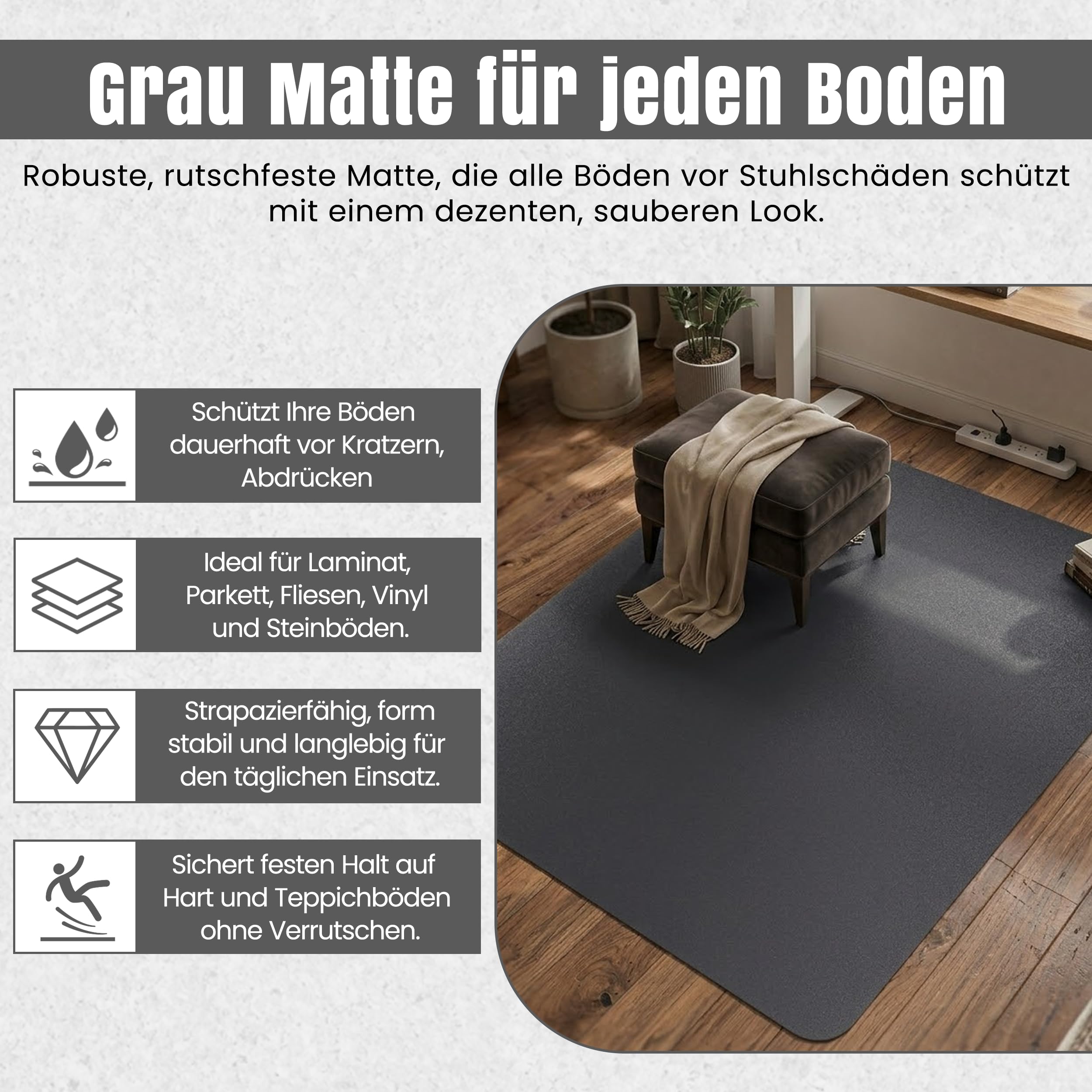 LP Projekt Bodenschutzmatte 117x153cm – rutschfeste und strapazierfähige Bürostuhlmatte für Hartböden und Teppich | Grau Bodenschutzmatte für Zuhause & Büro | Erhältlich in verschiedenen Größen