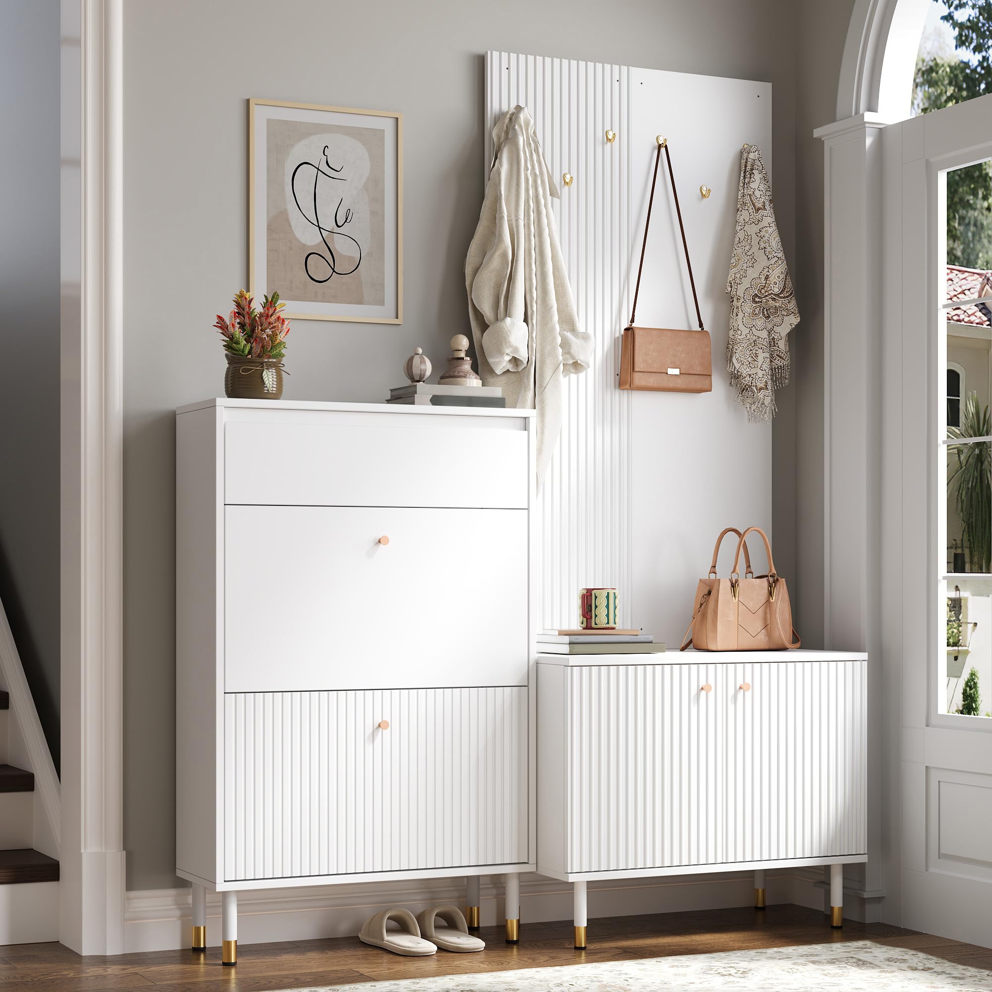 Garderobenset mit Schuhschrank und Staurschrank, kombinierte Standgarderobe mit 6 Haken und Schublade, modulares Flurmöbel für Flur, Diele und Eingangsbereich, Weiß B70xH180xT35 cm + B65xH104xT24 cm