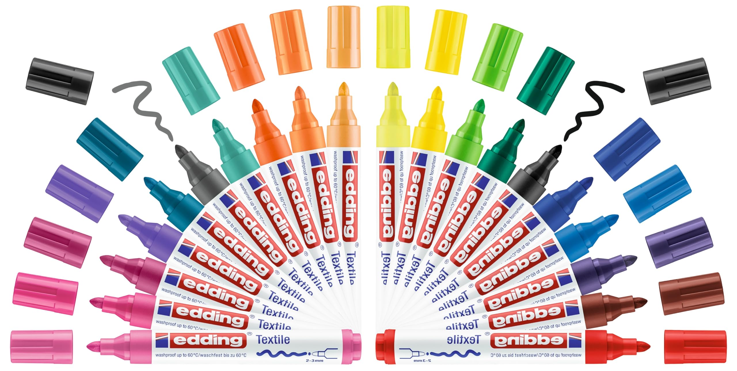 edding 4500 Textilmarker - Rundspitze 2-3 mm - Textilstifte waschmaschinenfest (60 °C) zum Stoff bemalen - Stoffmalstift (Sortiert - Komplett (20 Farben))