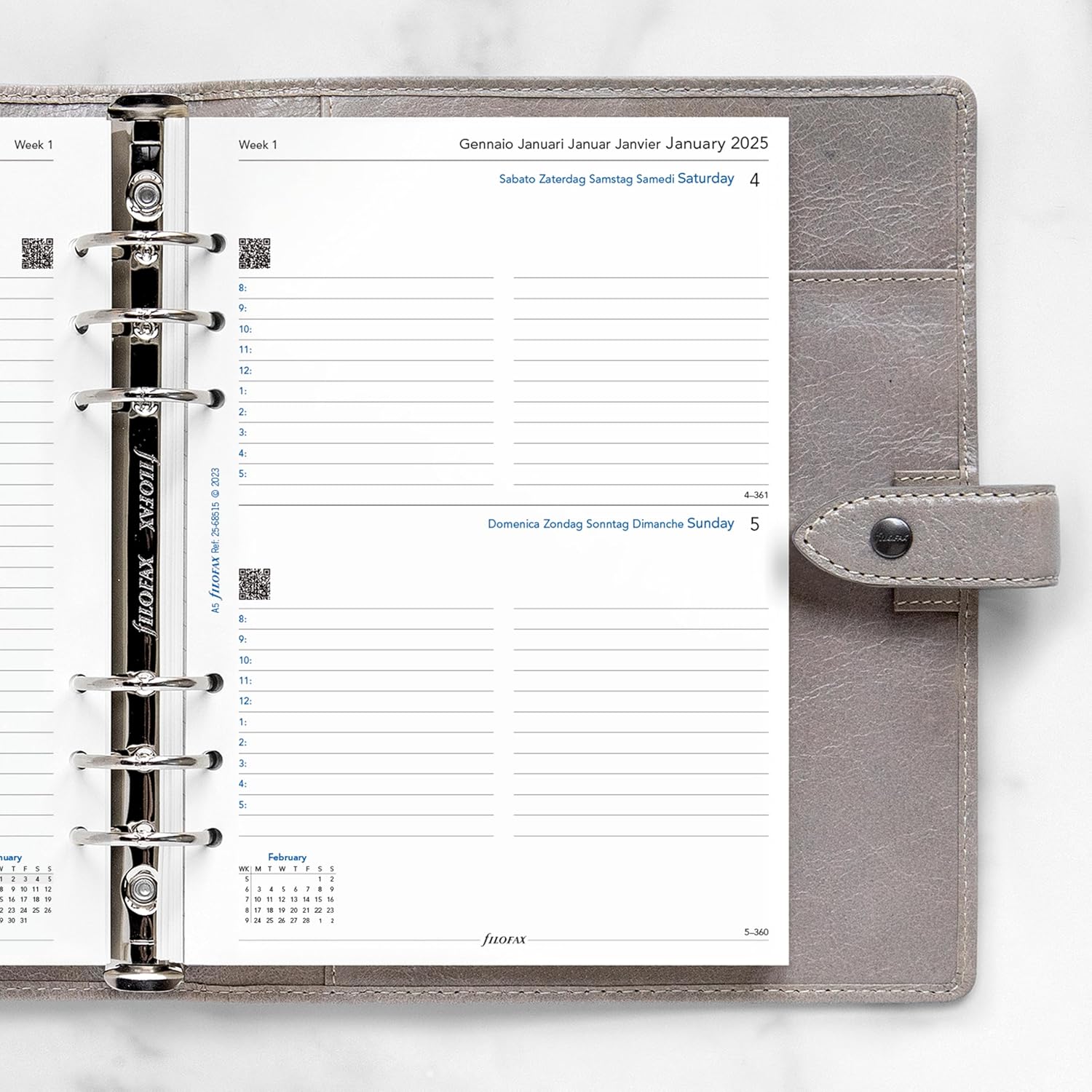 Filofax Calendar Diary Refill, A5 Size, Day on One Page with Appointments, White Paper, Multilingual: Five Languages, 2025 (C68515-25)