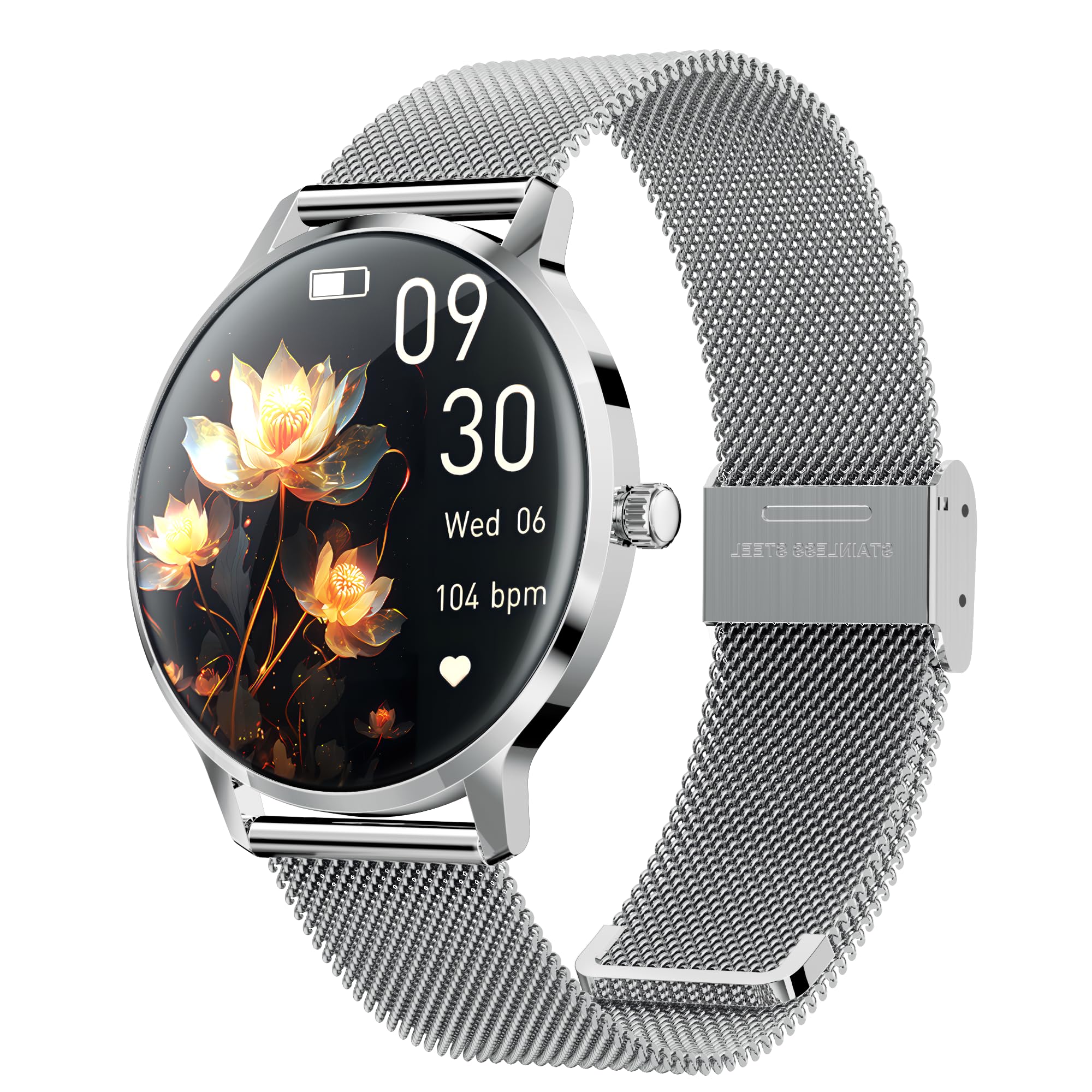 WalkerFit Montre connectée ronde pour femme, écran AMOLED HD de 1,32", montre de fitness avec charge sans fil/appels Bluetooth, montre pour femme avec plus de 100 modes sportifs, moniteur de fréquence