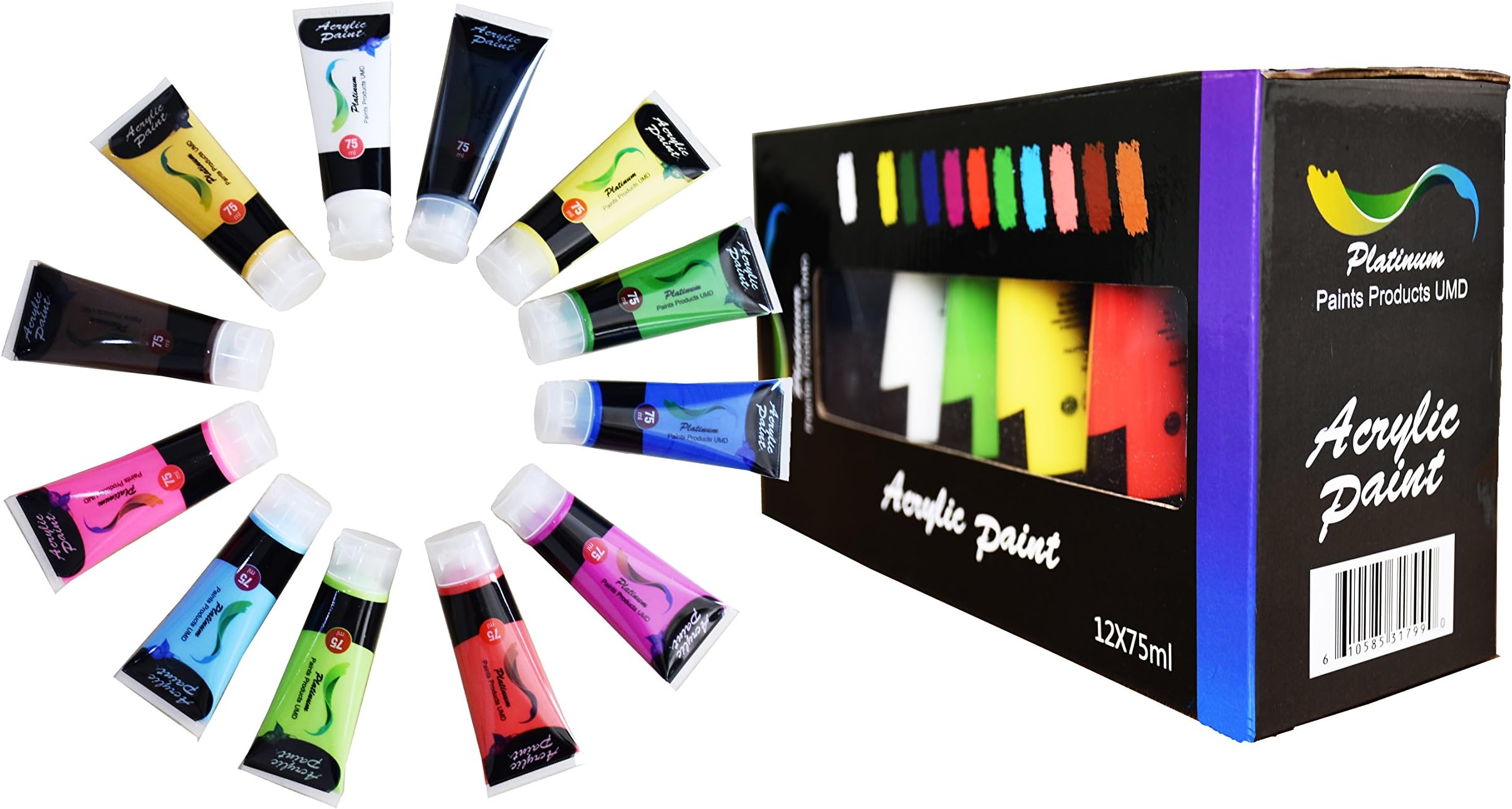 Platinum Jumbo Acrylic Paint Studio 12 Extra Large, 75 ml Tubes Best Selling Colors Perfect For Painting Canvas, Wood, Clay, Fabric, Nail Art And Ceramic For Beginners, Students Professional Artist