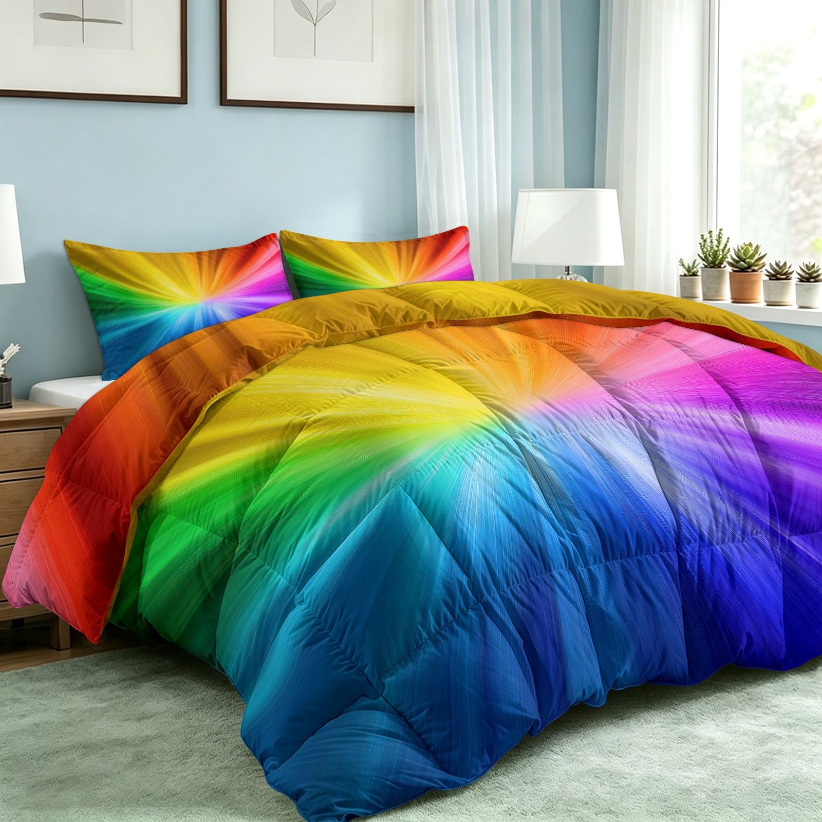 Kołdra 240 x 260 cm, na 4 pory roku, nowoczesna, minimalistyczna konstrukcja, nadaje się do prania, bez poszewki na poduszkę – tęczowy gradient kolorów, wzór promieniowania, przyjazna dla skóry