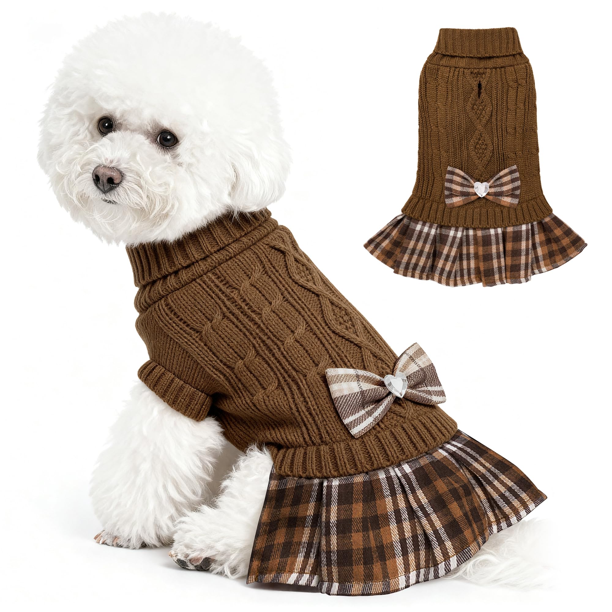 WOYYHO Girl Dog Sweater Dress with Bowtie Turtleneck Small Dogs Sweater with Leash Hole, Knitted Small Dog Sweaters Dress Puppy Winter Clothes for