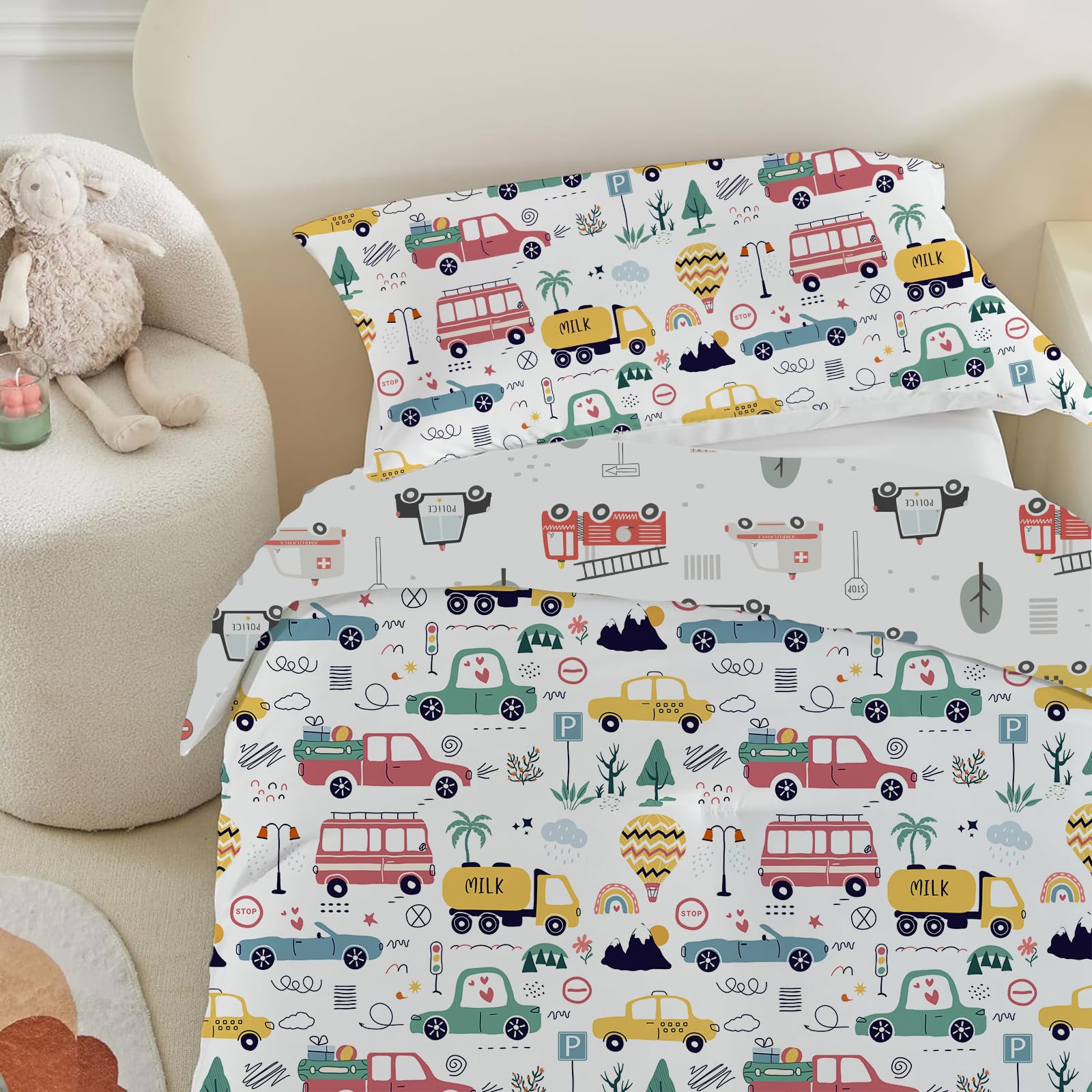 DJDEA Cot Bed Duvet Cover Set, Cartoon Vehicle Reversible Toddler Bedding Set including Zip Closure - Image 3