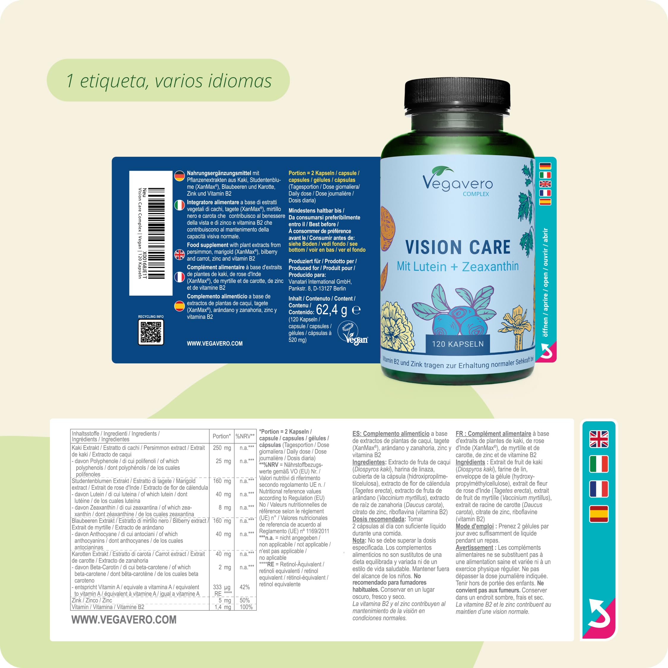 Vegavero Luteína Complex | 40mg Luteina + 8mg Zeaxantina | 16000 MG Flor de Cálendula | Materia Premium: MyrtiPRO + Xanmax | Testado en Alemania | Sin Aditivos y Vegano