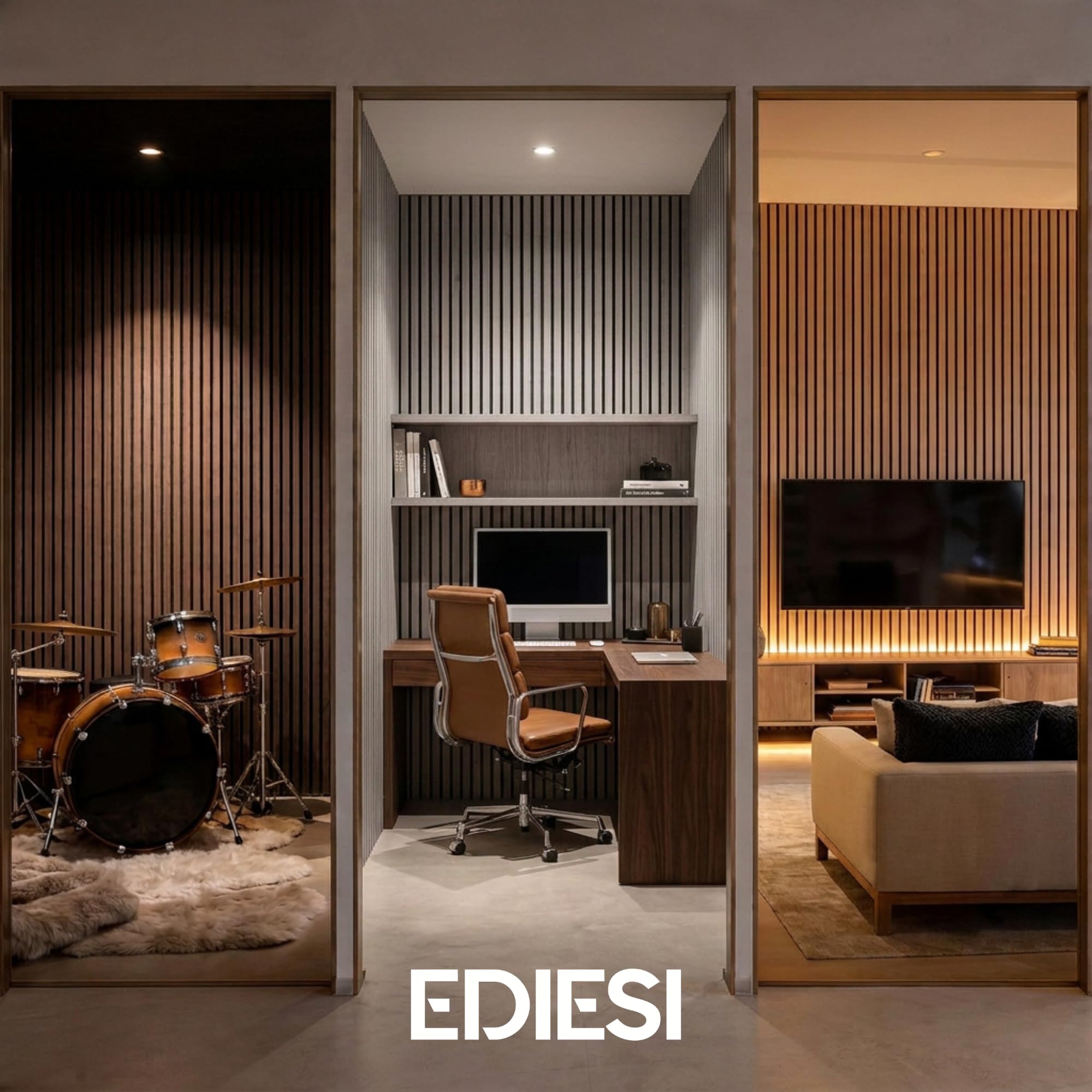 Ediesi, Paneles Acusticos Decorativos 120x60 cm, Revestimiento de Pared en Madera con Listones, Aislante de Ruido, Diseño Moderno para Salon, Oficina o Estudio (Gris, 4 Unidades)