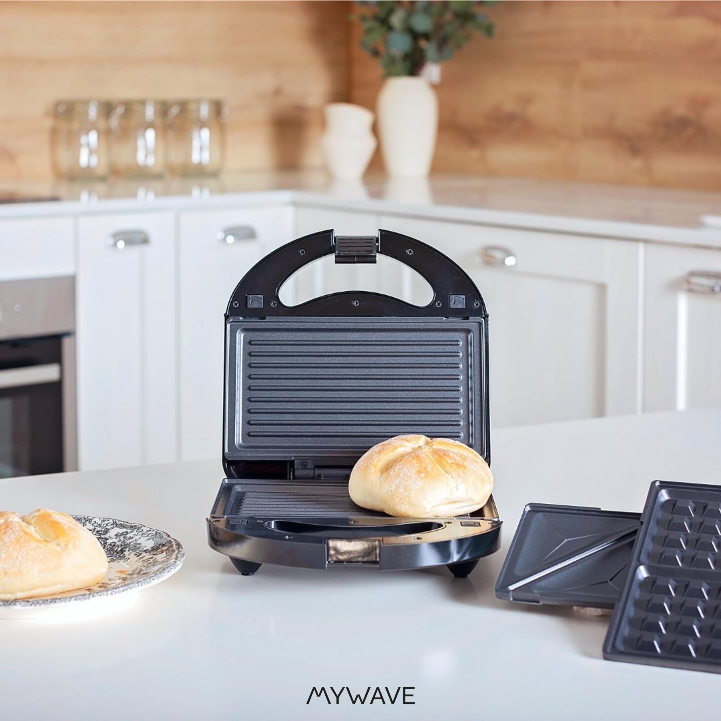 MY WAVE - Sandwichera 2 en 1 - Grill y Gofres - Placas Intercambiables - Acabado Crujiente y Delicioso - Grill y Plancha Desmontable Antiadherente