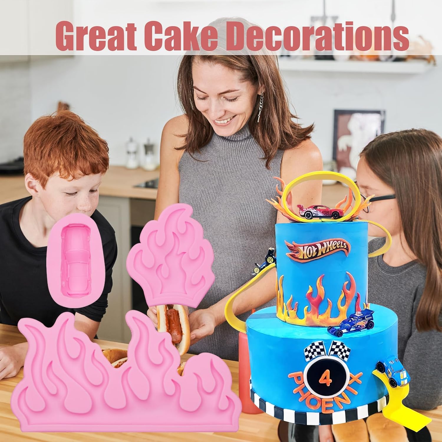 Race Car Silicone Molds 3 Pcs, Flame Fondant Molds for Fire Chocolate Cake Decoration Candy Sugar Cupcake Topper Cake Pop Popsicle Polymer Clay Crafts