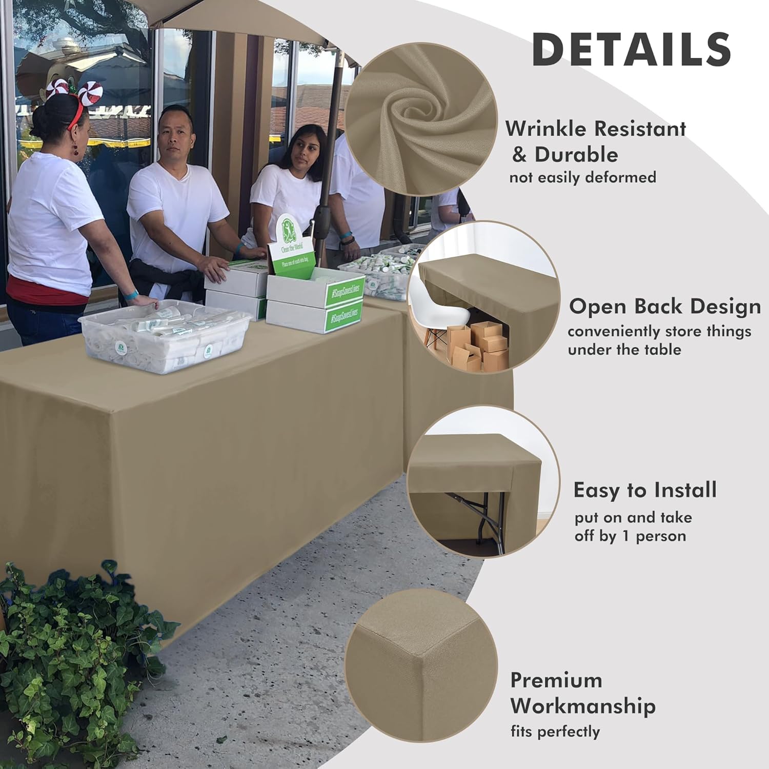 Nasitos 2 Pack Taupe Tablecloth 6 Foot - Open Back Fitted Tablecloth Rectangle Table, Washable Fabric Trade Show Table Cover for Craft Show, Display, Parties, Wedding, Events