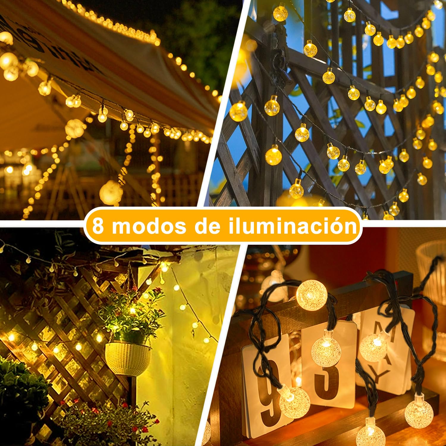 taiyongkang Guirnaldas Luces Exterior Solar, 30 LED 8 m con Bolas de Cristal, 8 Modos, IP65, Cadena de luces solares para Jardín, Balcón, Terraza, Fiestas y Bodas, Navidad (Blanco Cálido)