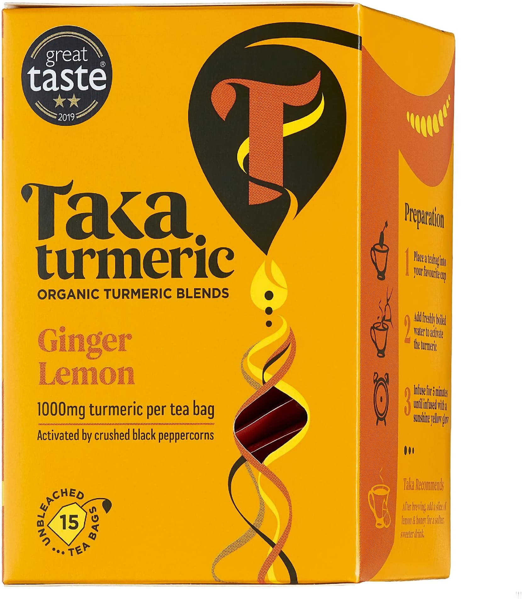 1 pack (15 Teabags) Organic Lemon and Ginger Tea Bags with Turmeric & Black Peppercorns, Turmeric, Caffeine Free Fruit, Detox, No Added Flavourings, Recyclable Packaging