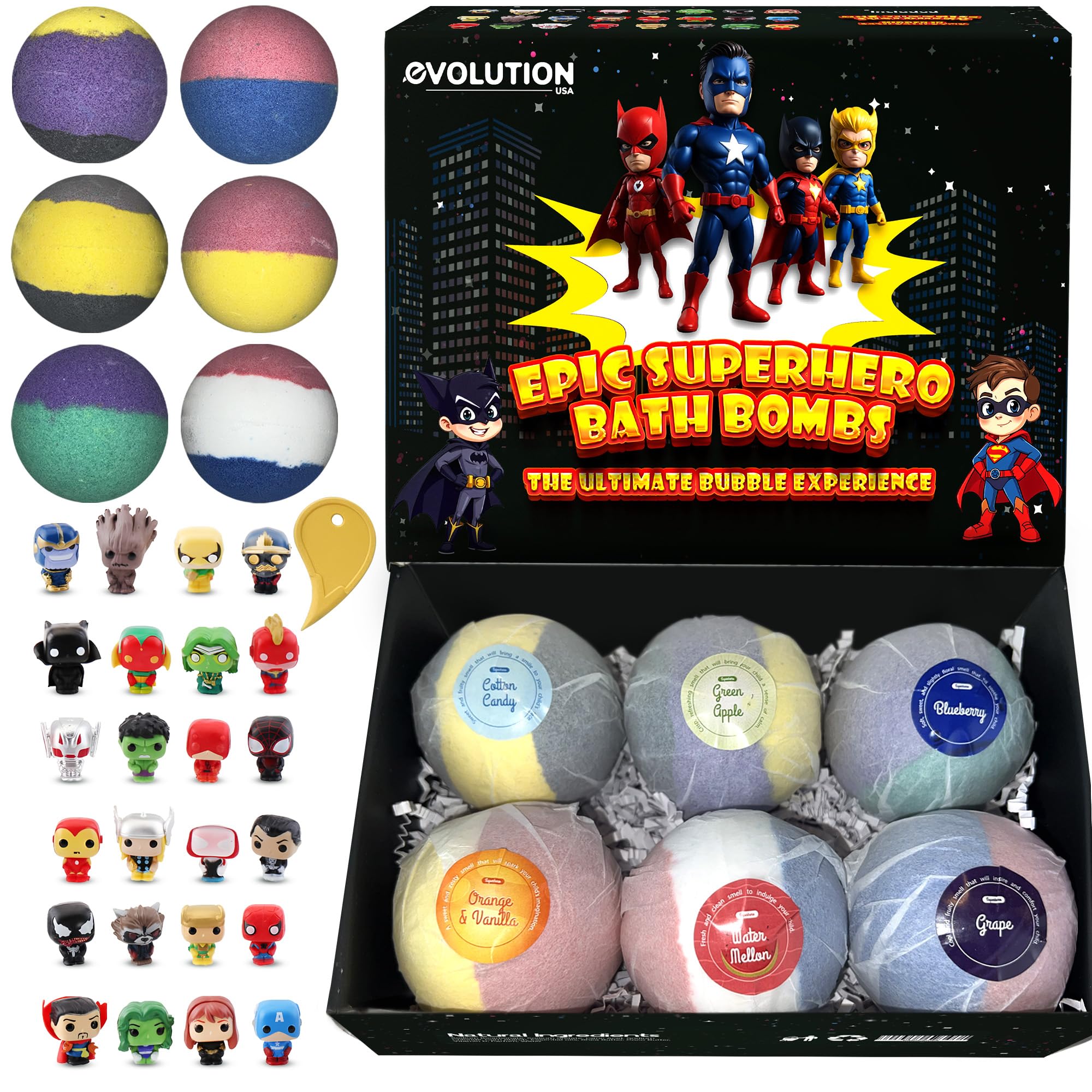 6 Super Hero Bath Bombs for Boys 4-8, Organic Bathbombs for Boys, Bath Bomb Kits for Kids Age 8-12, Spiderman Bath Bombs for Boys with Surprise Inside, Natural Superhero Bath Bombs with Toys for Boys