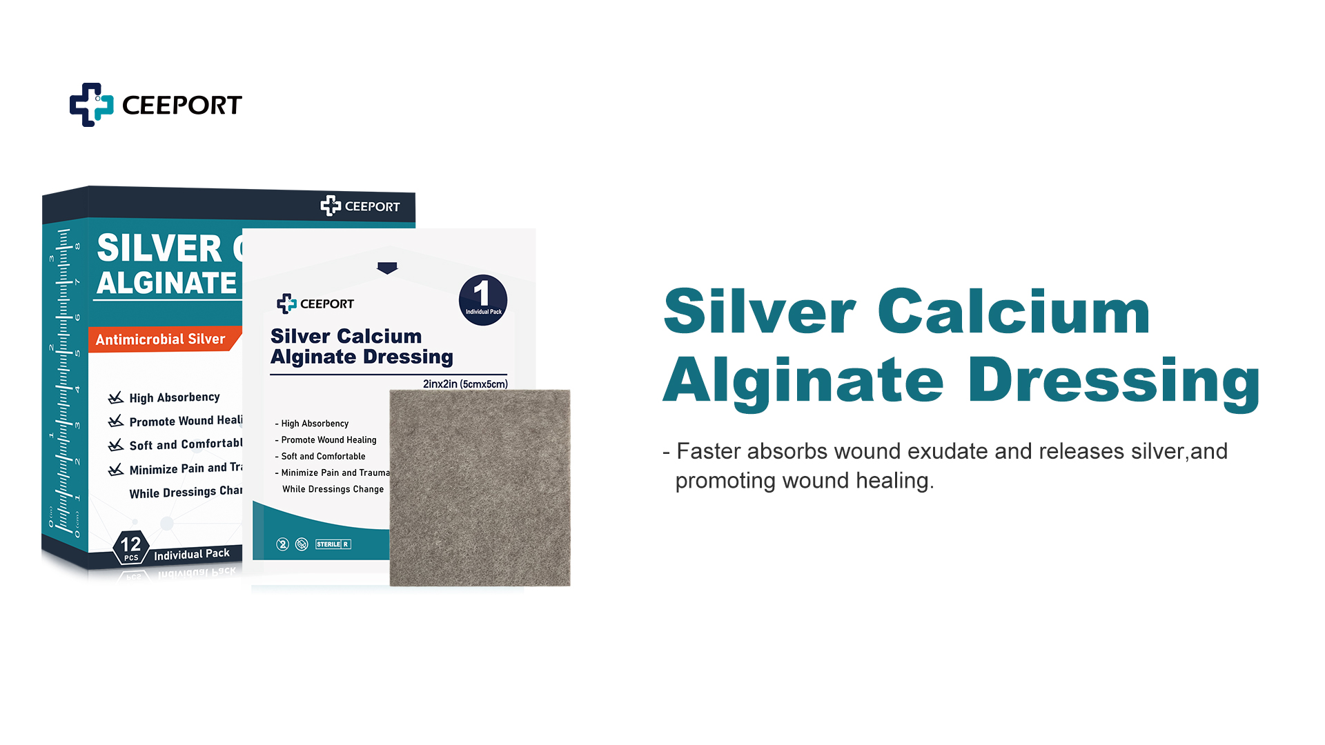 ceeport silver calcium alginate dressing Ceeport Sterile Calcium Alginate Wound Dressing Pads, 4''x4'' [10 Pack],  High Absorbency, Non-Stick for Large Wounds