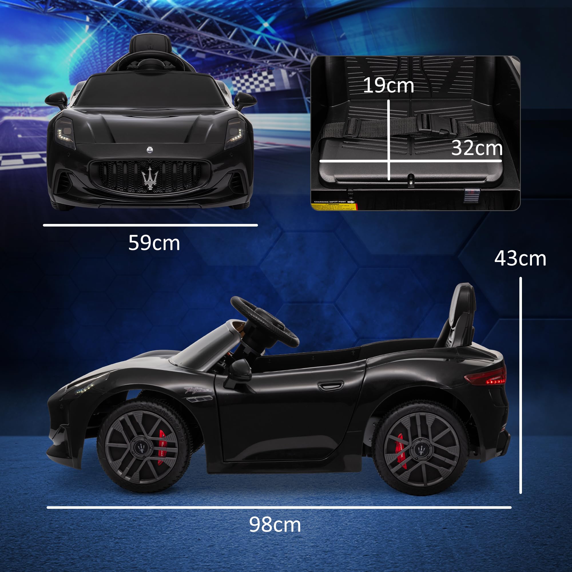 AIYAPLAY Maserati Gran Turismo Folgore con licenza elettrica per bambini, veicolo elettrico a 12V con telecomando 2.4G, fari a LED, musica, clacson, MP3, auto per bambini da 3 a 5 anni, nero