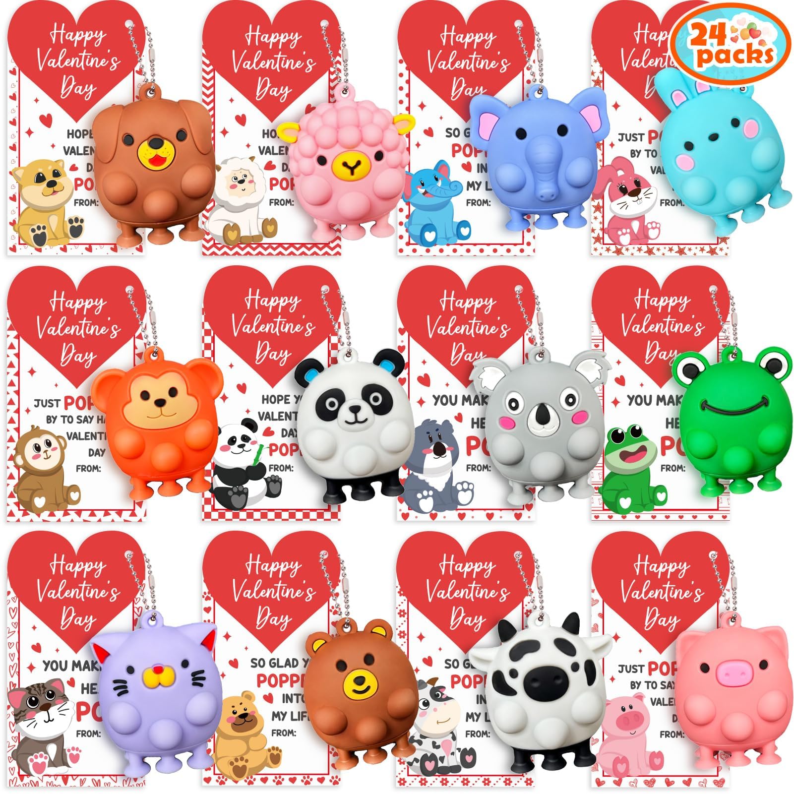 unitedessentialgoods Valentines Gifts for Kids - 24 Pack 3D Animal Suction Toy Fidget Pop Toy with Gift Cards for Kid Boys Girls, Party Favors School Classroom Gifts Exchange Goodie Bags Valentines Basket Stuffer