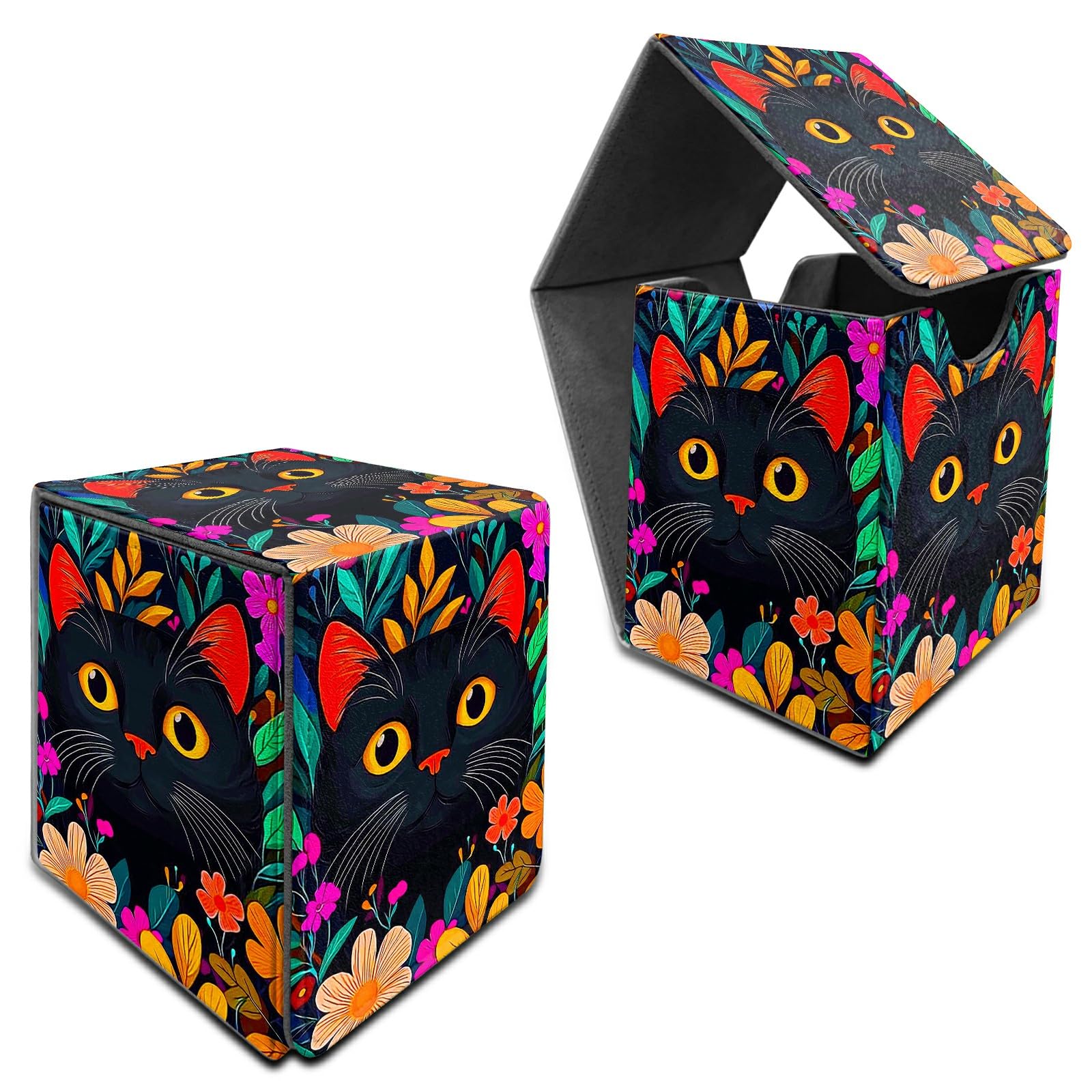 RWUTYTIUL Deck Box for MTG, Cards Storage Box Fits 120+ Sleeved, Leather Medium Size Strong Magnetic Closing Card Case for Board Games Magic TCG CCG Baseball Collection, Wildflower Black Cat