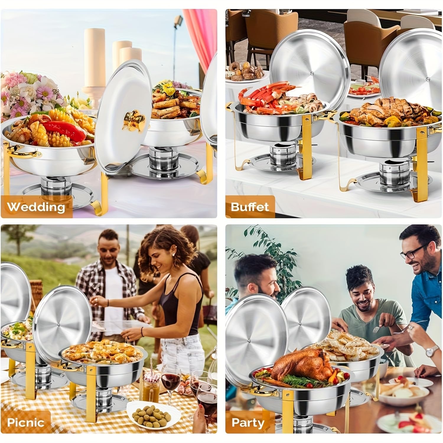 Pack 2 Chafing Dish Baño María 4,5L, Tapa Enrollable Pinzas Para Catering | Acero Inoxidable Resistente, Sistema Baño María, Conserva Temperatura, Para Hostelería Celebraciones