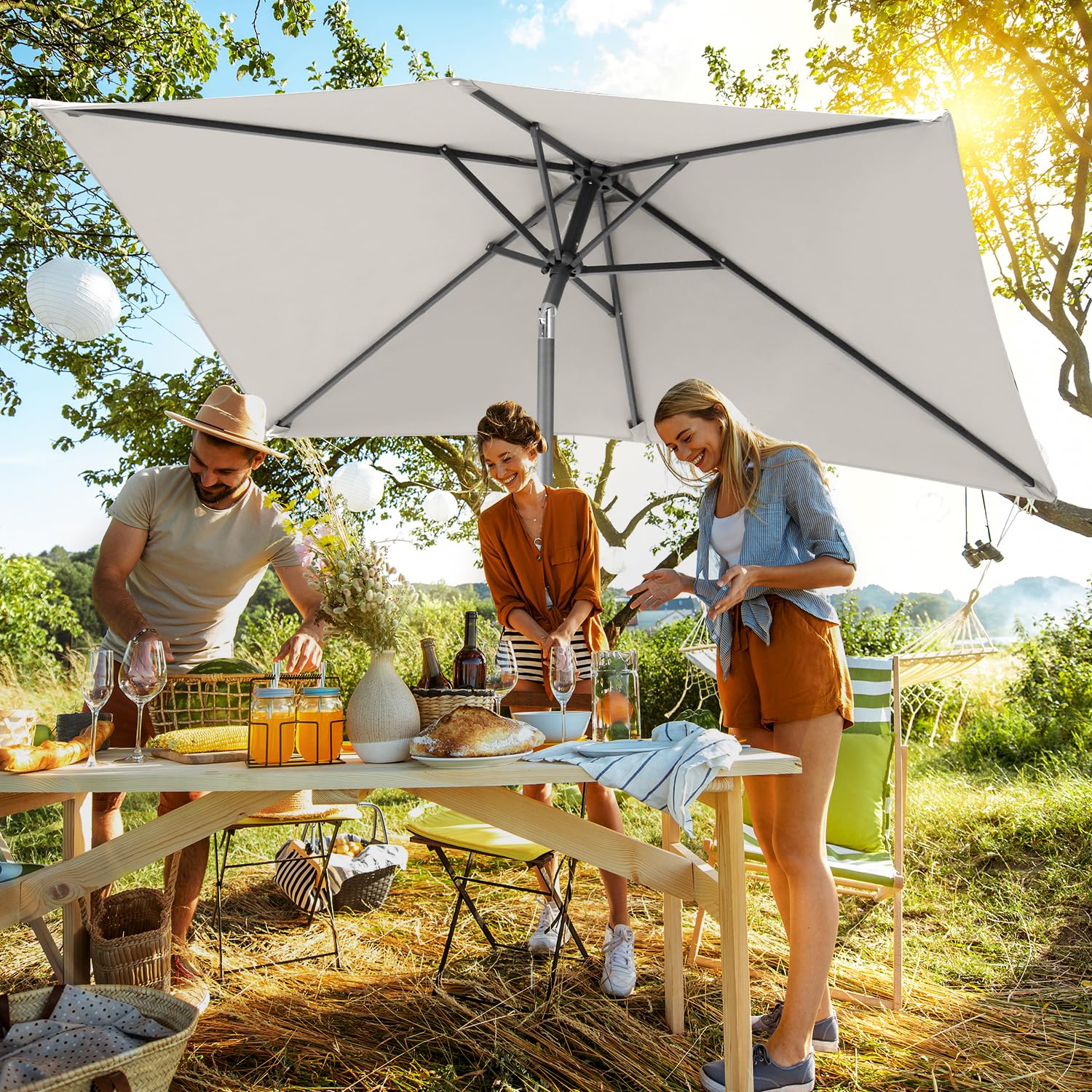 Daromigo Parasol rectangulaire - 210 x 140 / 300 x 200 cm - Avec manivelle - Protection solaire UV50+, pliable à 30 °C - Parasol de jardin imperméable pour jardin, sans support