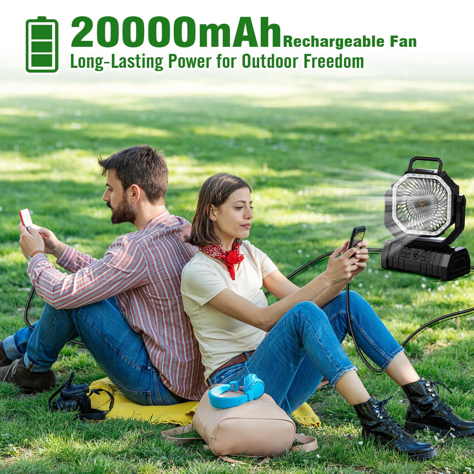 Richday Wentylator kempingowy z latarnią LED, 4 prędkości, cichy wentylator kempingowy, 20000 mAh, obrót o 270°, wentylator USB, wentylator stołowy