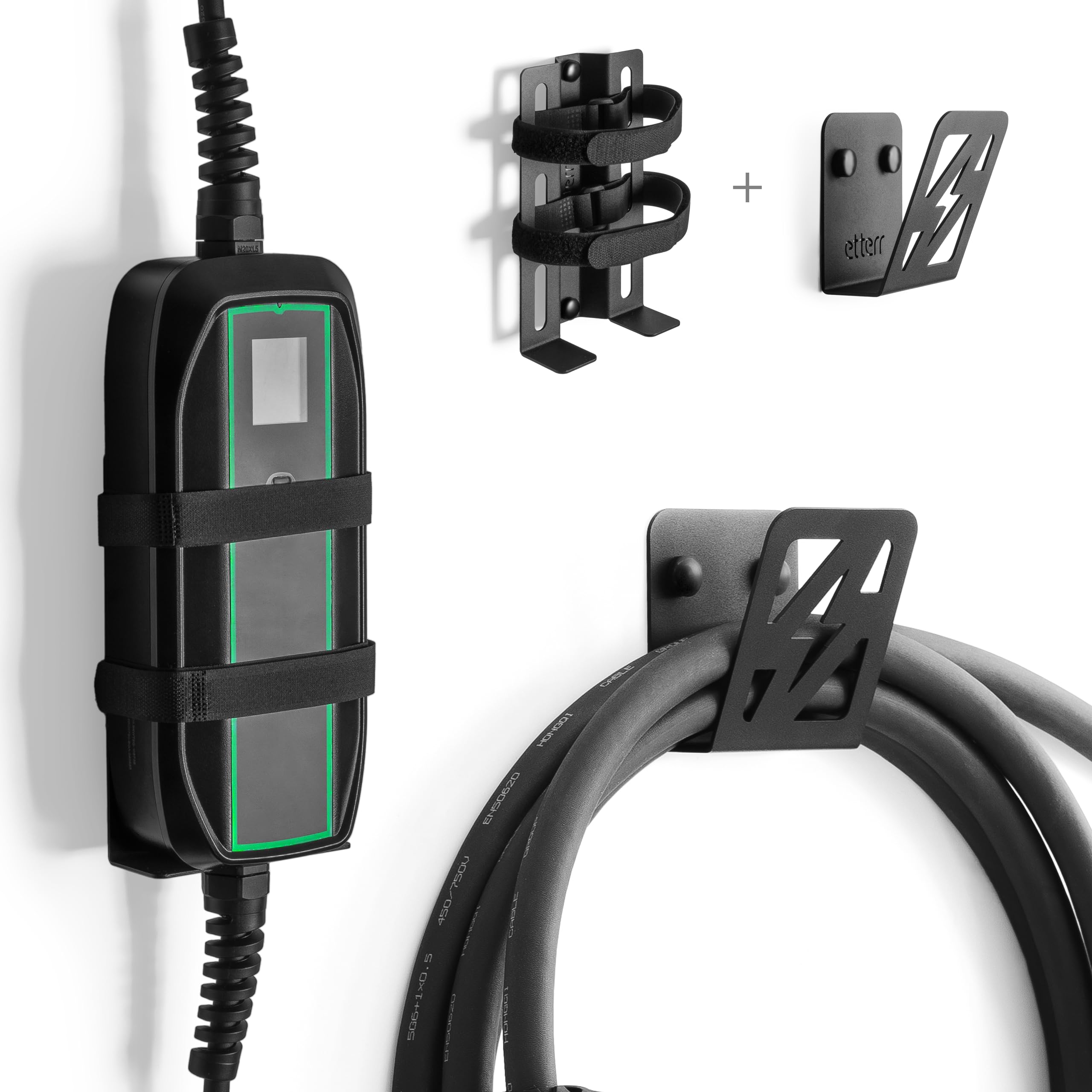 Stazione di ricarica per auto elettrica, 100% acciaio, prodotta nell'Unione europea, 17 x 10 cm, supporto per ricarica auto elettrica (1, stazione di ricarica + supporto per cavi EV)
