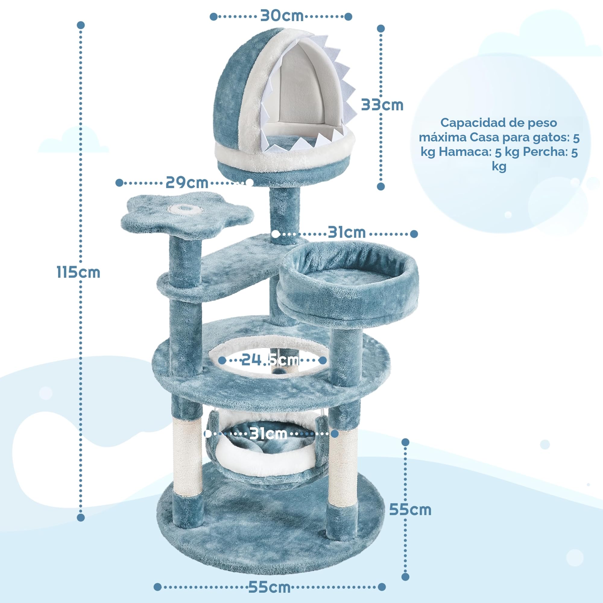 Yaheetech Árbol para Gatos 115cm Rascador para Gato Torre de Gatos con Hamaca Cueva Plataforma Estilo del Océano Azul y Blanco | Torre de peluche con forma de tiburón, con 2 perchas, 1 hamaca, 1 cama para arañar y cuerda de sisal