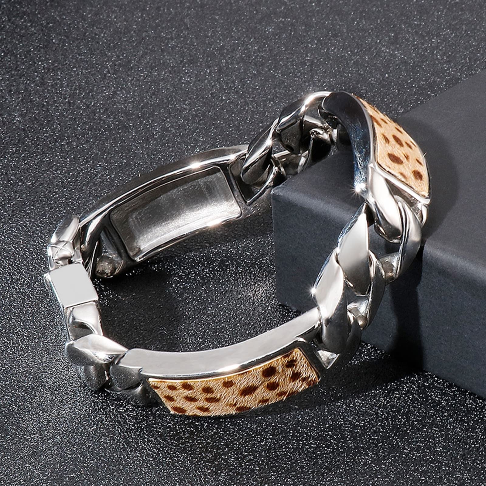 Herren-Gliederarmband, Leopardenmuster-Knopf, Edelstahlarmband, Herrenklasse 220 x 15 mm, Einheitsgröße, Edelstahl-Edelstahlarmband, kein Edelstein, Haushaltsarmaturen