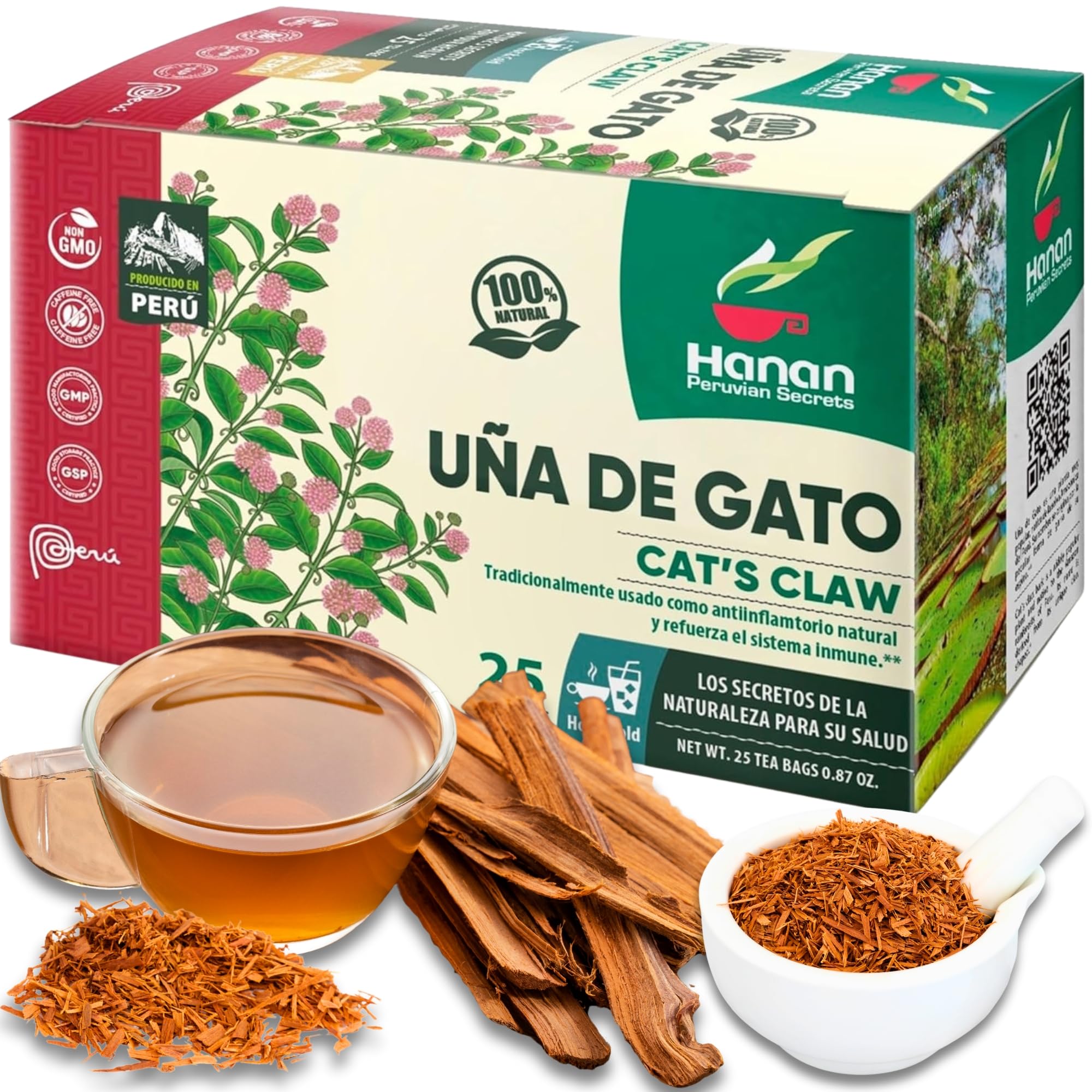 Sponsored Ad – Hanan Cat's Claw Tea - 25 Teabags - Each teabag contains 1000mg of Cats Claw bark grown in Peru "Uña de Gato" - Anti-Inflammatory Cat Claw