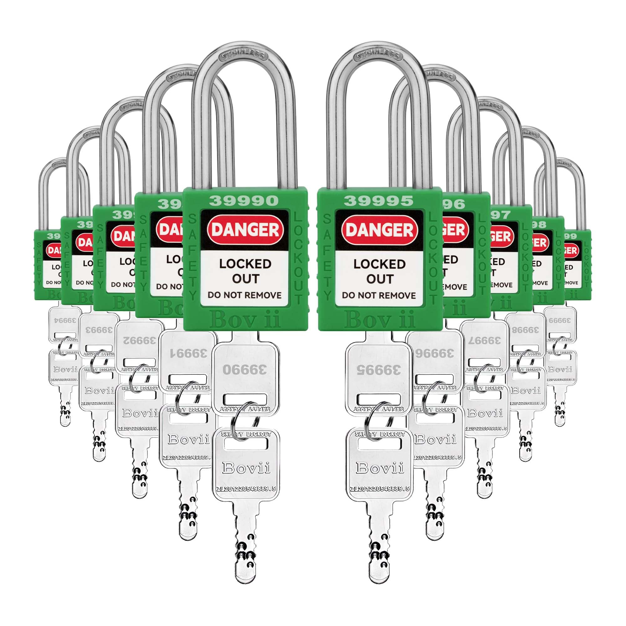 Juego de 10 cerraduras de bloqueo verdes, cerraduras Loto con llave diferente, 2 llaves por cerradura, cerraduras de bloqueo compatibles con OSHA