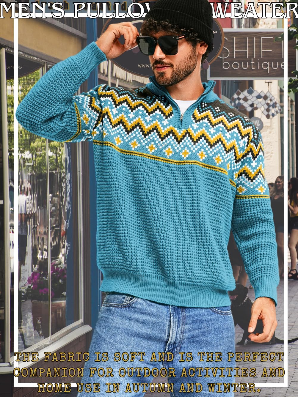 ChiaoLezhee Men's Quarter Zip Fair Isle Sweater, Pullover Waffle Knitted Stand Collar, Nordic Vintage Long Sleeve Fits 32-42