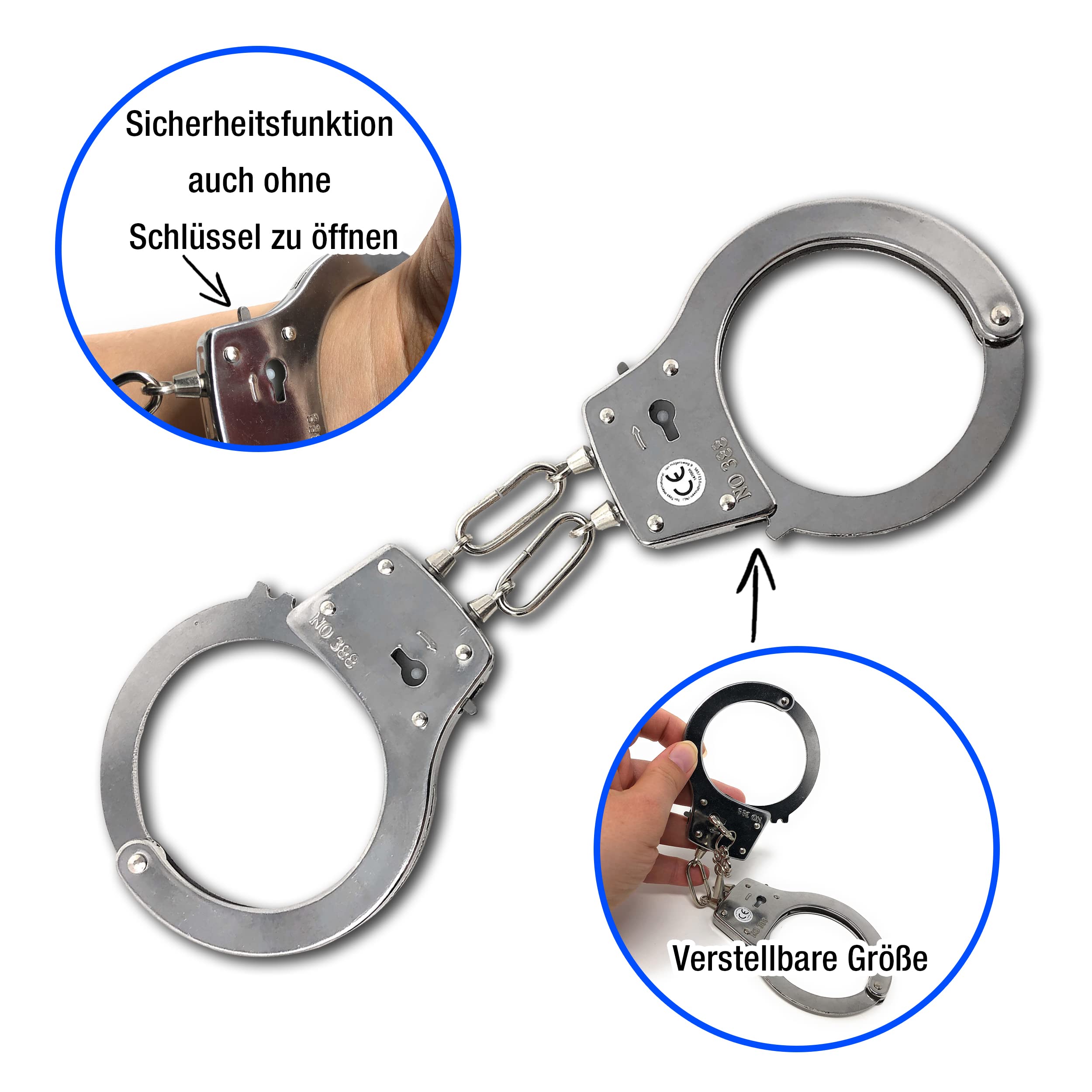 Polizei Handschellen Kinder aus Metall - Ausrüstung für das Polizei Kostüm Kinder | Mit Schlüssel & Sticker | Stabile Handcuffs auch für Erwachsene. Polizeikostüm Jungen Karneval