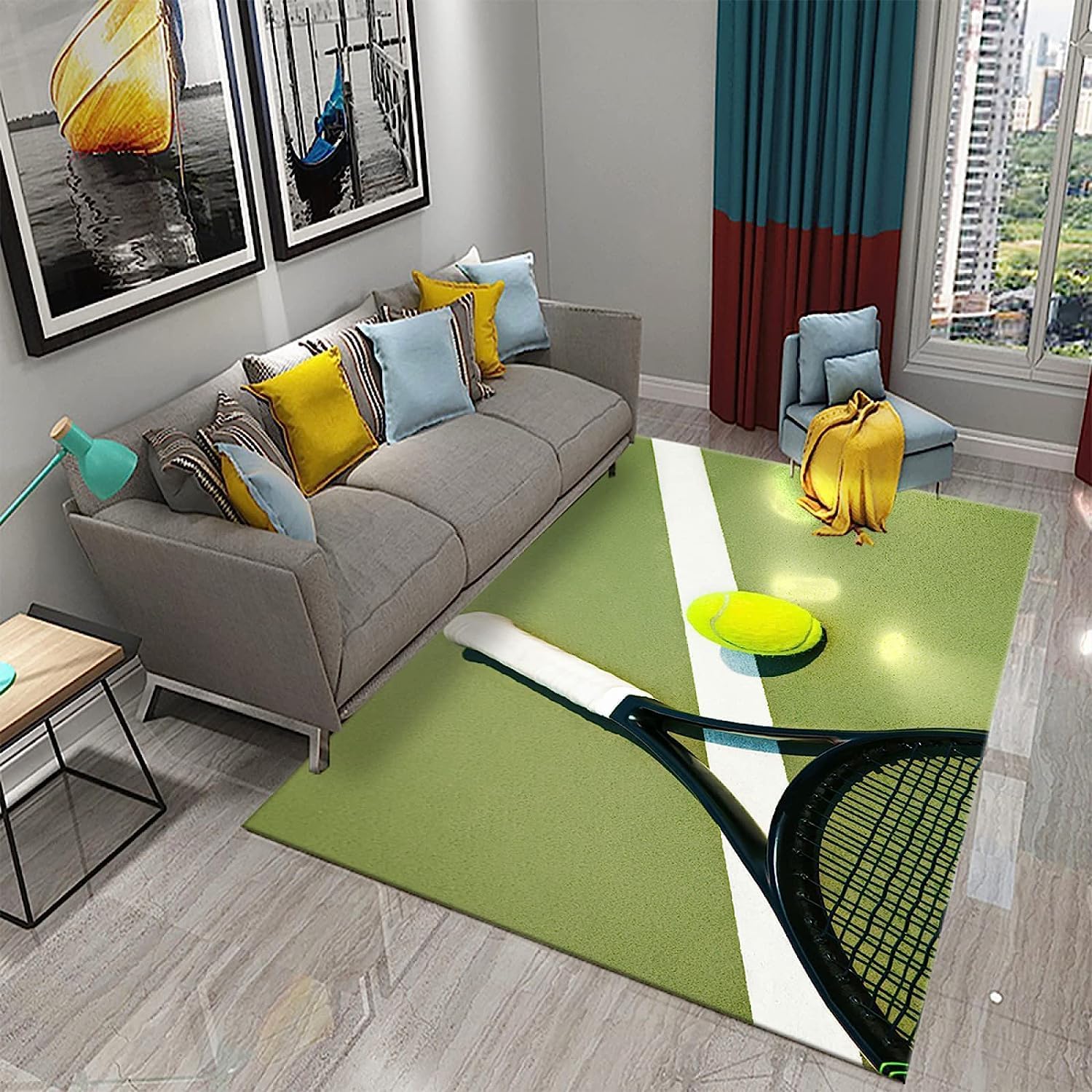 Tapis Salon 100 x 150 cm Tennis, Tapis Chambre Lavable 3D Thème Sportif, Tennis Tapis de Cuisine, Tapis de Salon WS54
