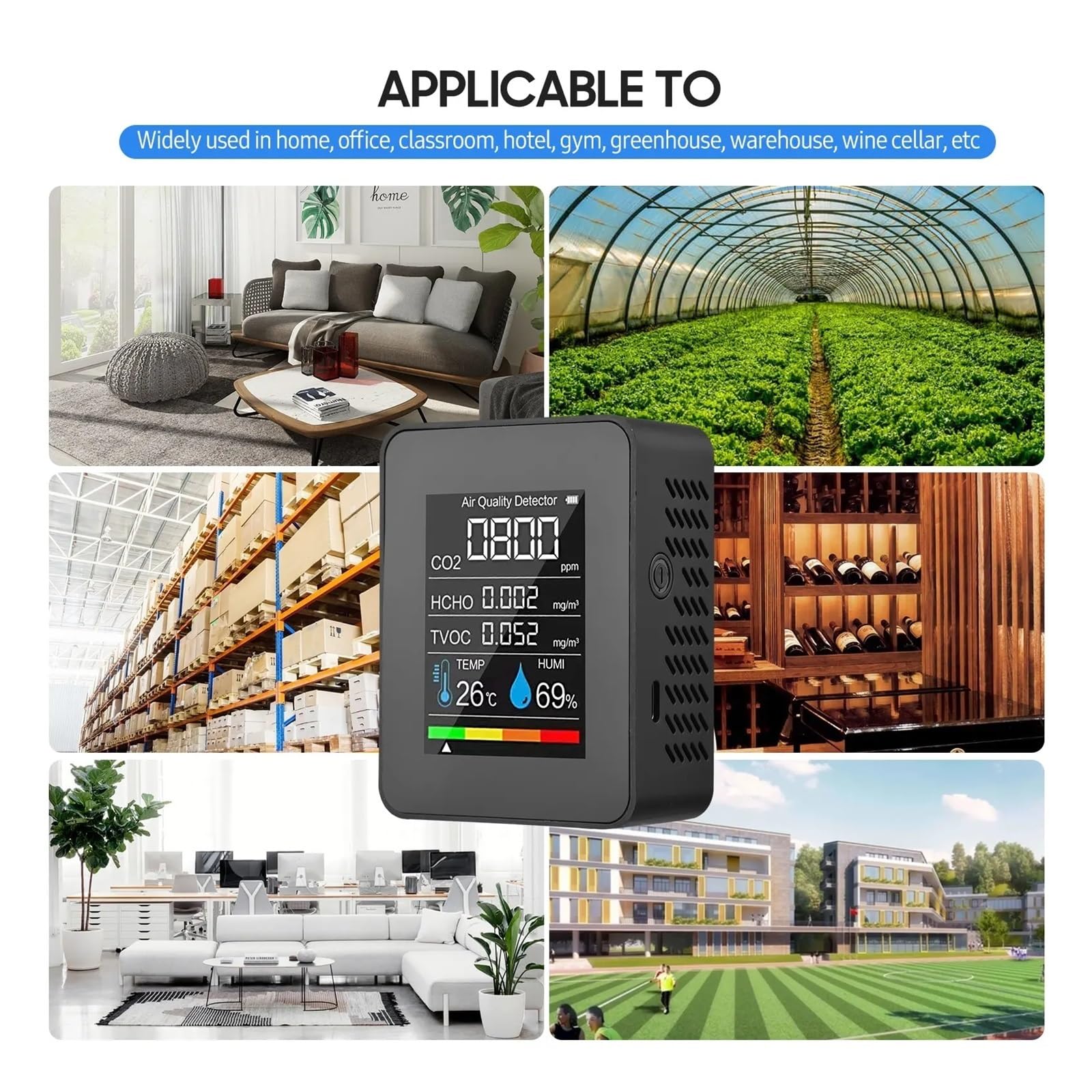 Monitor Della Qualità Aria 5 In 1 Rilevatore Di CO2 For Interni Formaldeide HCHO TVOC Tester LCD Umidità Temperatura Allarme Misuratore(Black)