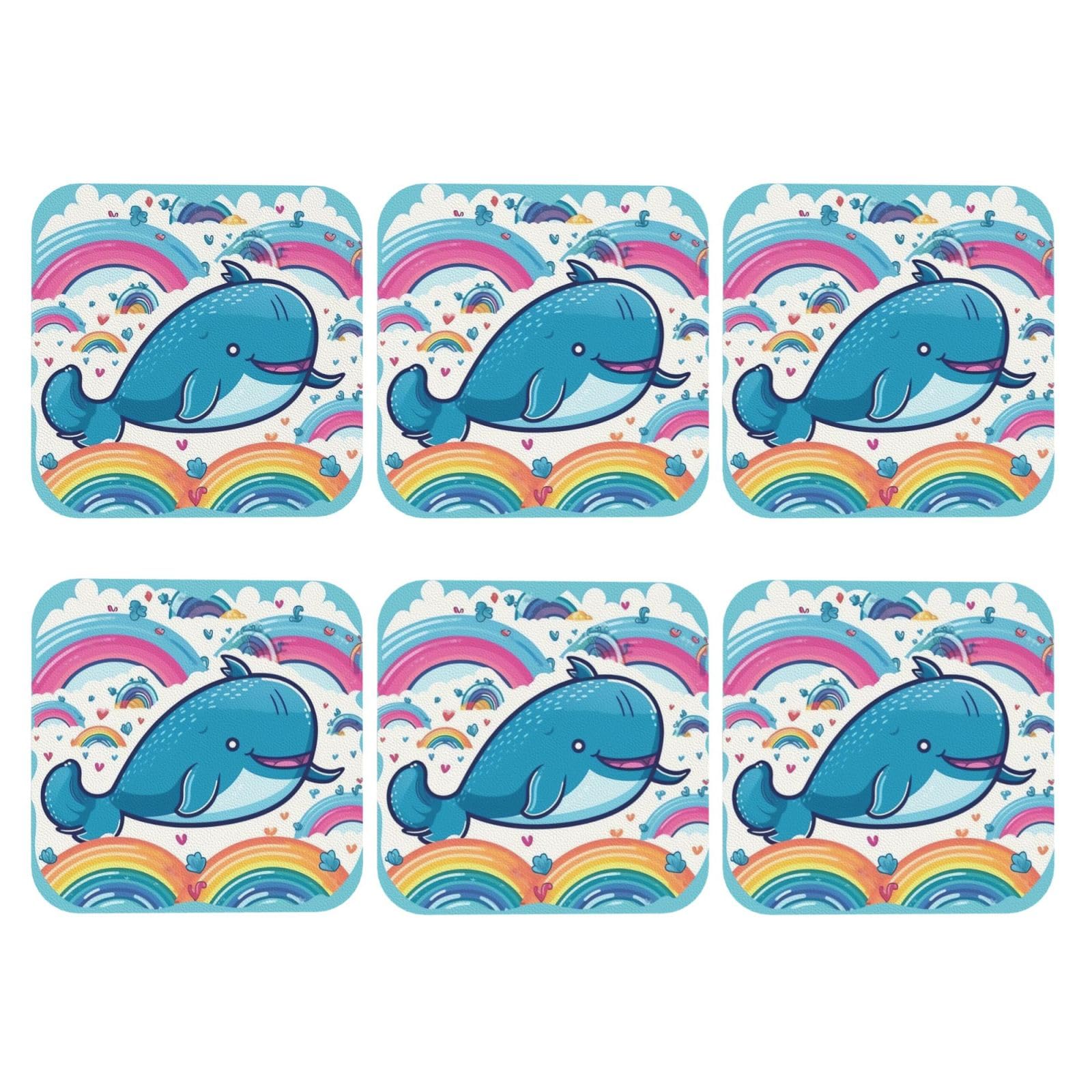 6pcs Leather Coasters for Drinks, Cartoon Whale and Rainbow Drink Coasters for Tabletop Protection, 4" Cup Coasters for Coffee Table Decor, Non-Slip Drinking Cup Mat for Hot Or Cold Drink