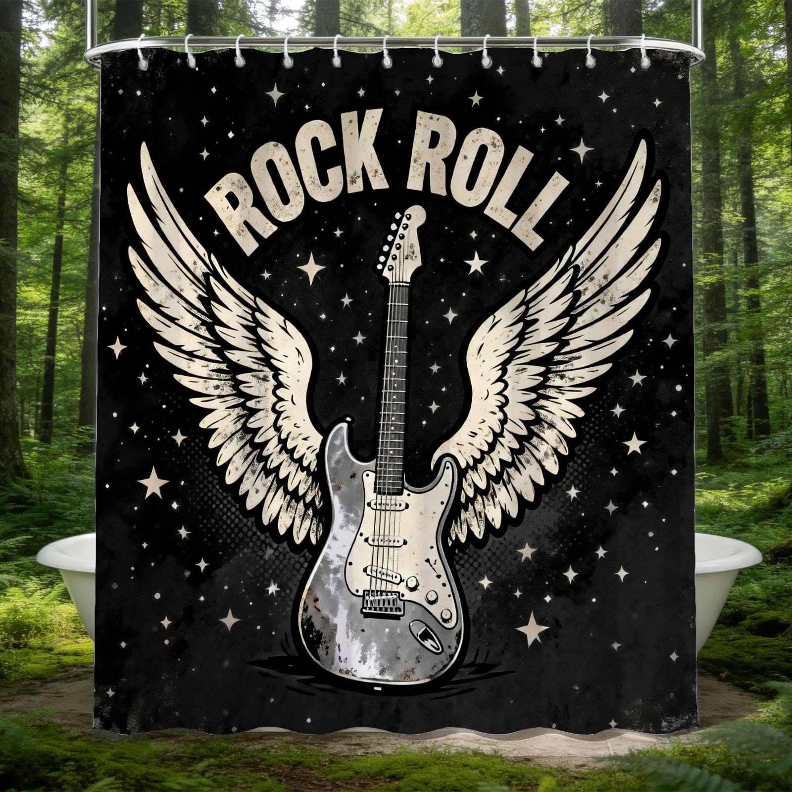 Hongduo White 3D Rock Guitar Shower Curtain For Stalls Bathtubs Cartoon Bathroom Decor Shower Curtain Set Polyester Fabric Waterproof 200X200cm/79X79 Inch With Hooks