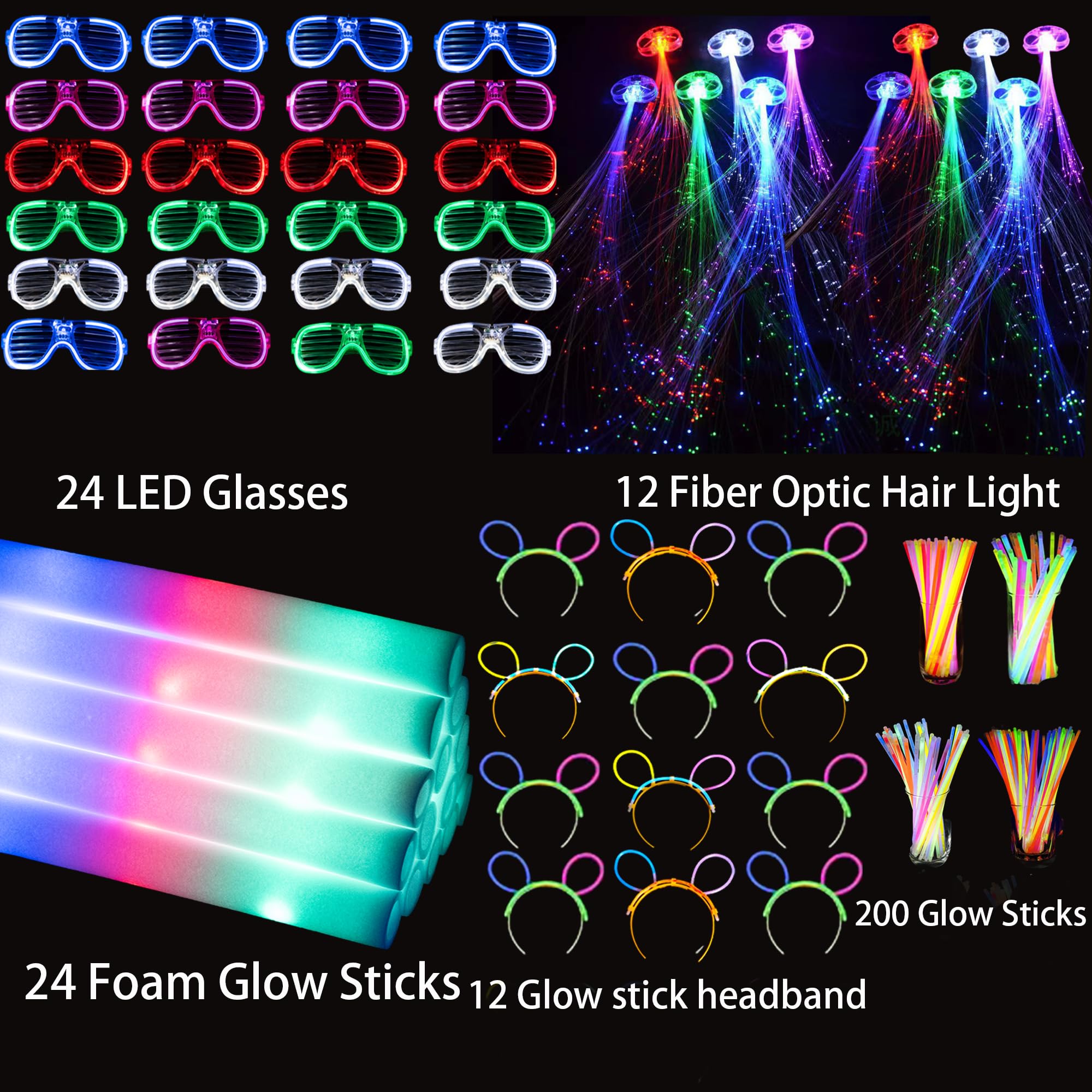 272 PCs Glow Party Supplies, 24 Foam Glow Sticks, 24 LED Glasses and 200 Glow Sticks ? Bracelets, 12 Glow sticks headband 12 Fiber Optic Hair Light?Glow Neon Party Favors for Wedding, Concert, Raves