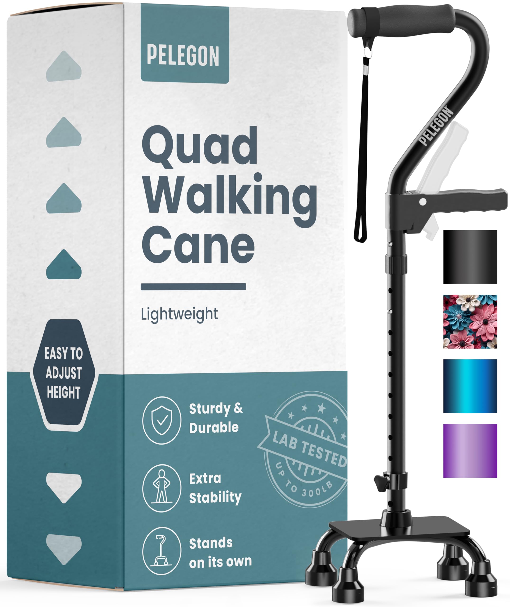 PELEGON Quad Cane (300LB) - Adjustable Walking Cane with A Large 4 Pronged Base for Extra Balance & Stability, Walking Canes for Seniors, Walking Cane for Men & Women, Walking Sticks