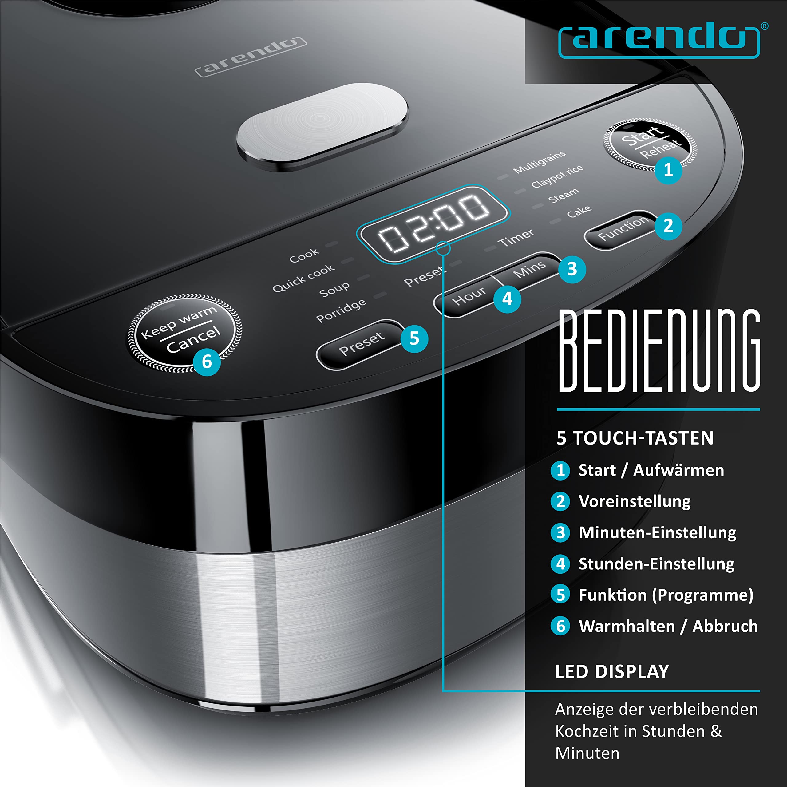 Arendo - Reiskocher Multikocher digital und Dampfgarer 4L – 3D Heizsystem – 8 Programme – Warmhaltefunktion – Timer – Antihaftbeschichtung - inkl. Dampfgareinsatz, Messbecher, Reislöffel, Schwarz