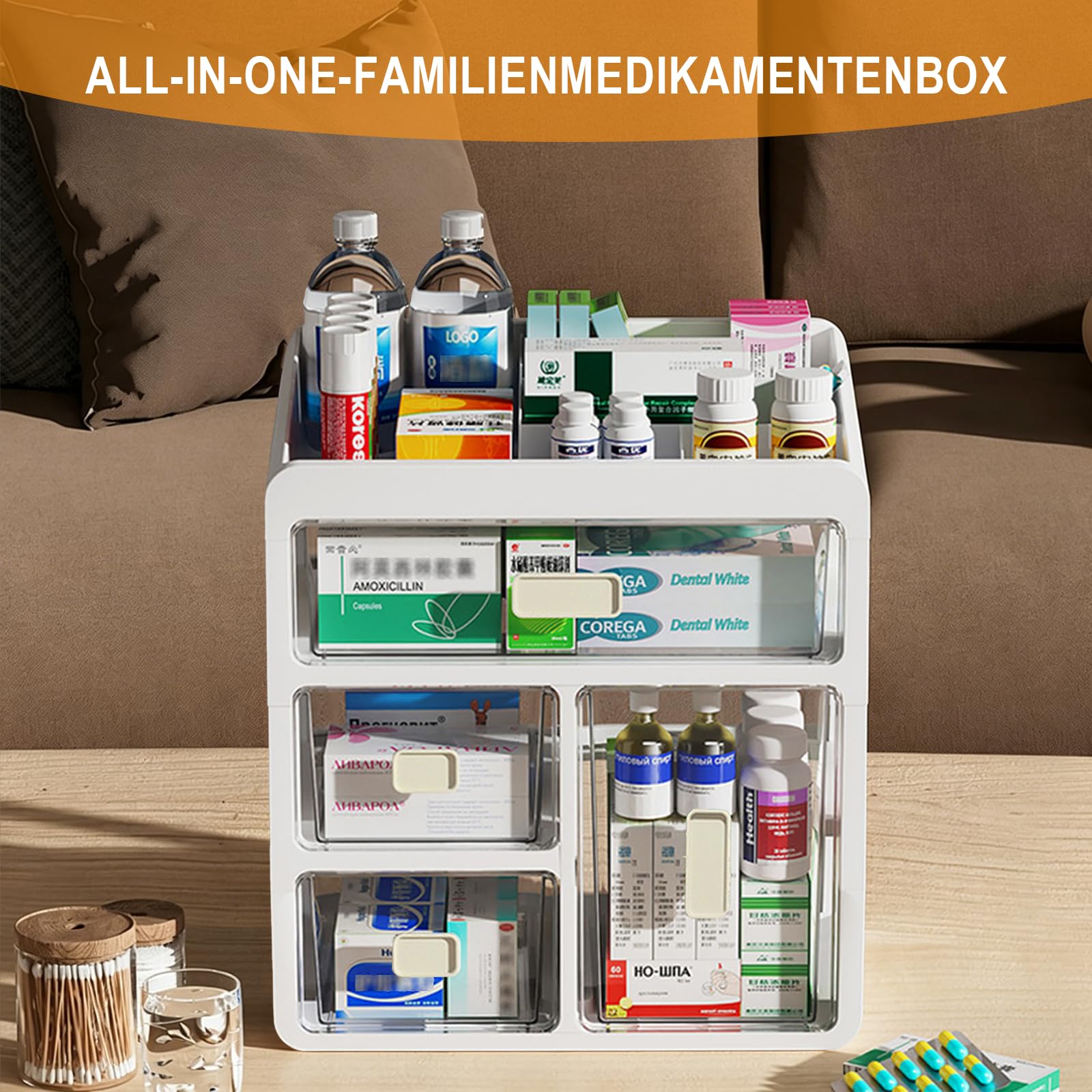 Organizador de medicamentos de 4 niveles con cajones | Con cajones: un práctico botiquín para medicamentos, cosméticos y objetos pequeños, ideal para el hogar, la oficina y el baño